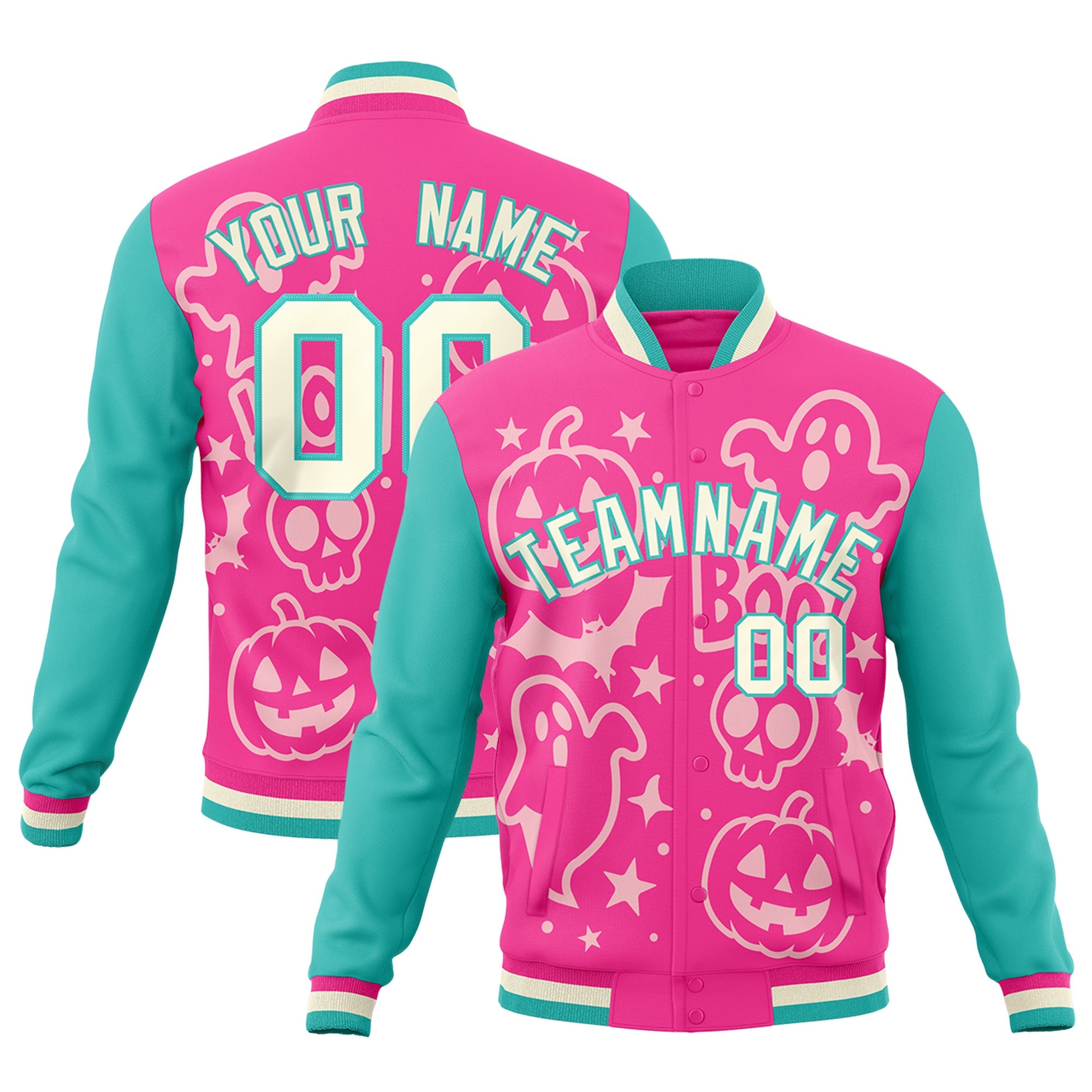 Custom Pink Bright Green Cream Bats Pumpkins Ghost Patterns Halloween Letterman Jacket| KXKSHOP