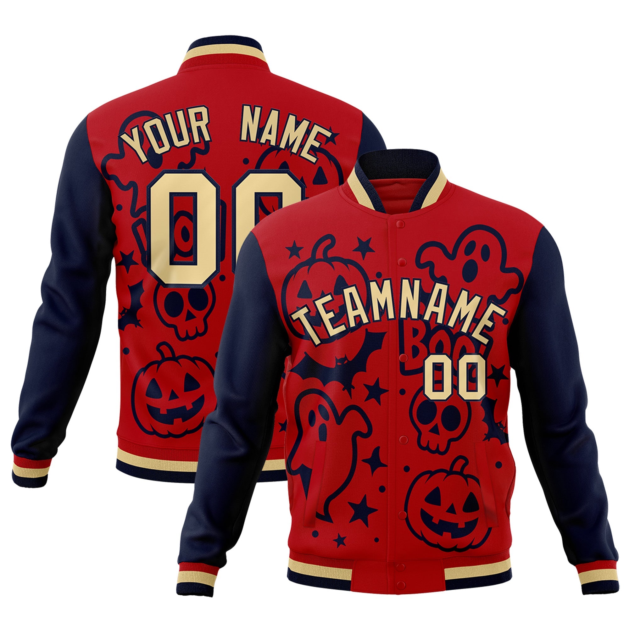Custom Red Navy Khaki Bats Pumpkins Ghost Patterns Halloween Letterman Jacket| KXKSHOP