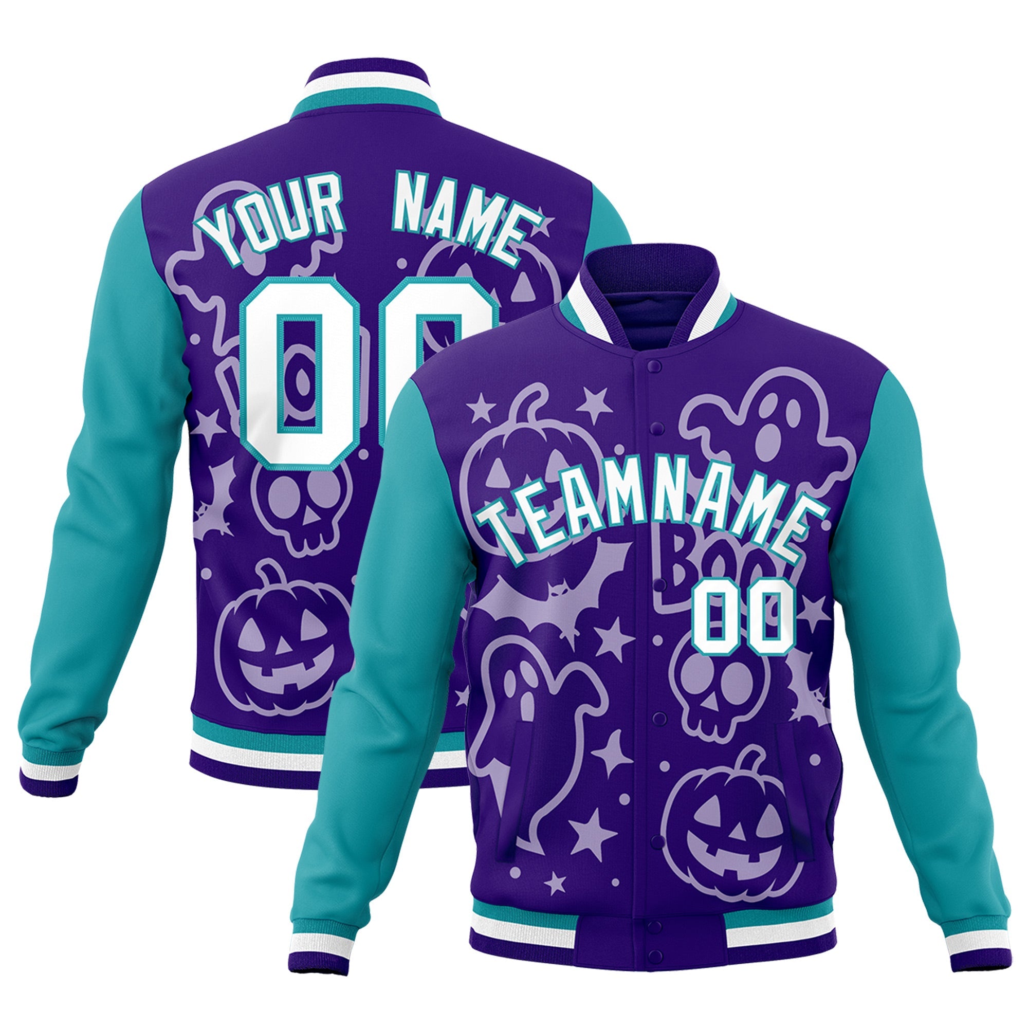 Custom Purple Aqua White Bats Pumpkins Ghost Patterns Halloween Letterman Jacket| KXKSHOP