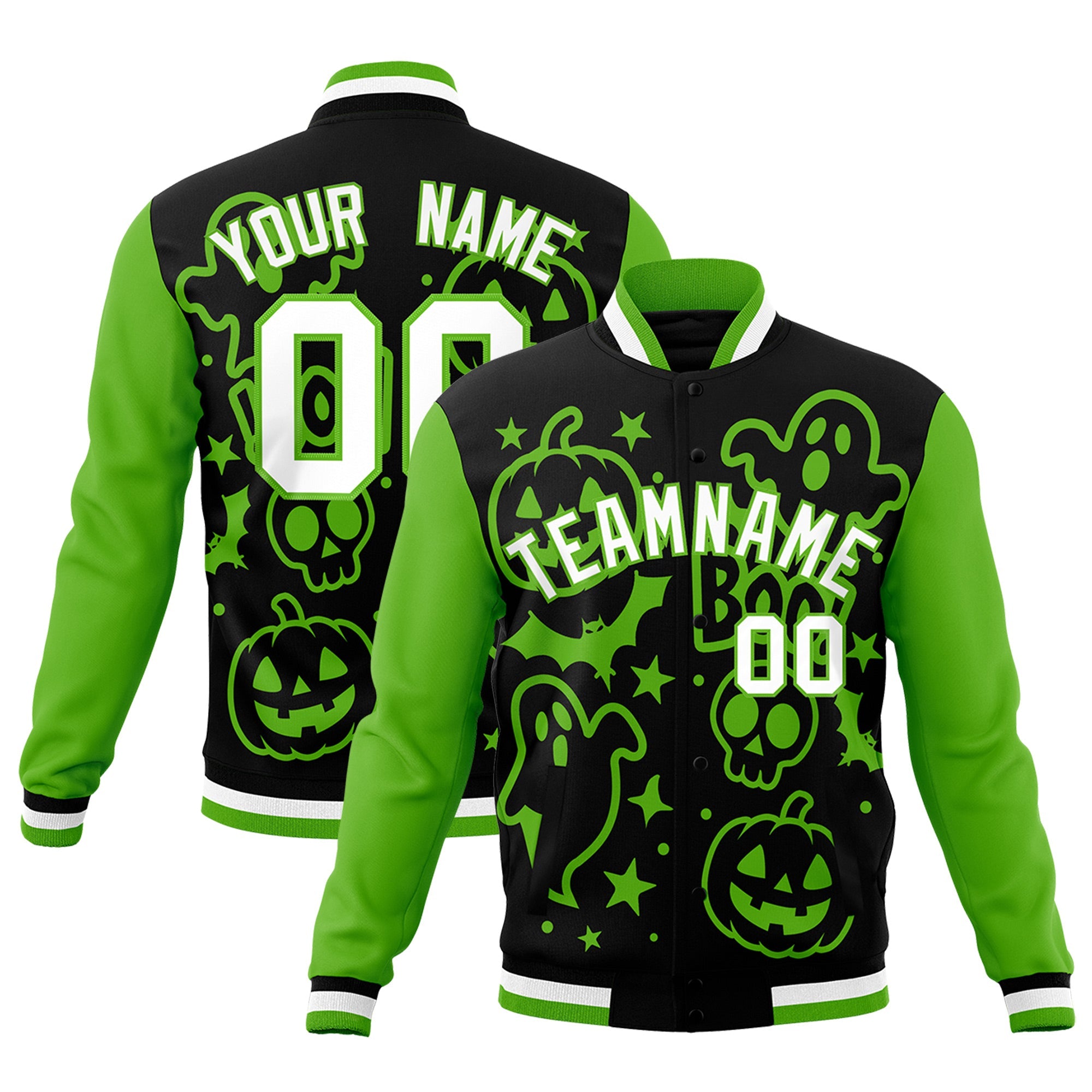 Custom Black Green White Bats Pumpkins Ghost Patterns Halloween Letterman Jacket| KXKSHOP