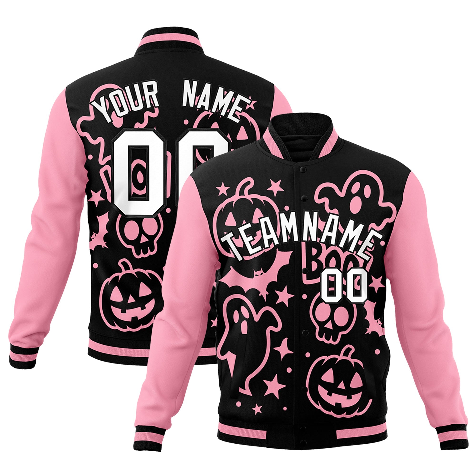Custom Light Pink Black White Bats Pumpkins Ghost Patterns Halloween Letterman Jacket| KXKSHOP