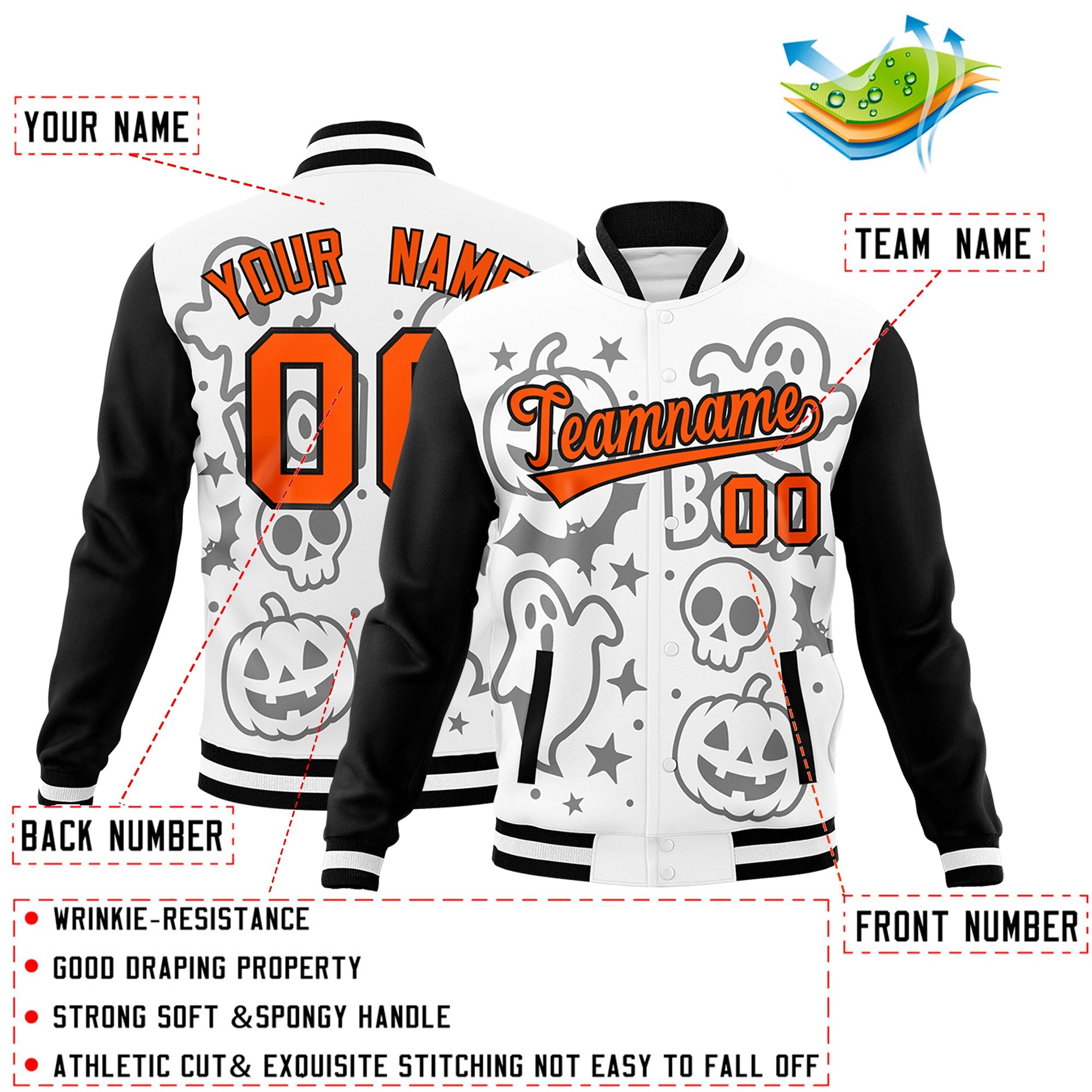 Custom White Black Orange Bats Pumpkins Ghost Patterns Halloween Letterman Jacket| KXKSHOP