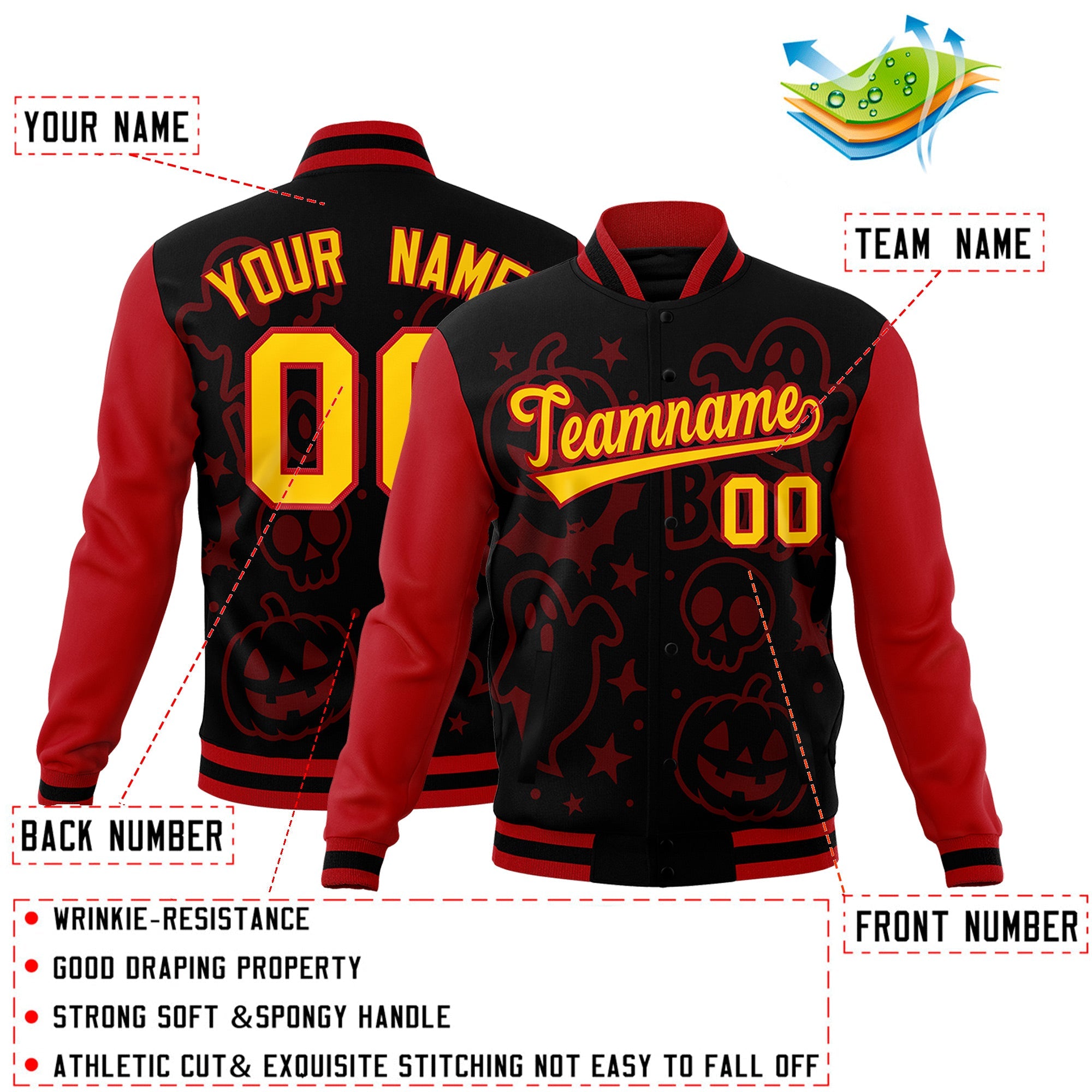 Custom Red Black Gold Bats Pumpkins Ghost Patterns Halloween Letterman Jacket| KXKSHOP
