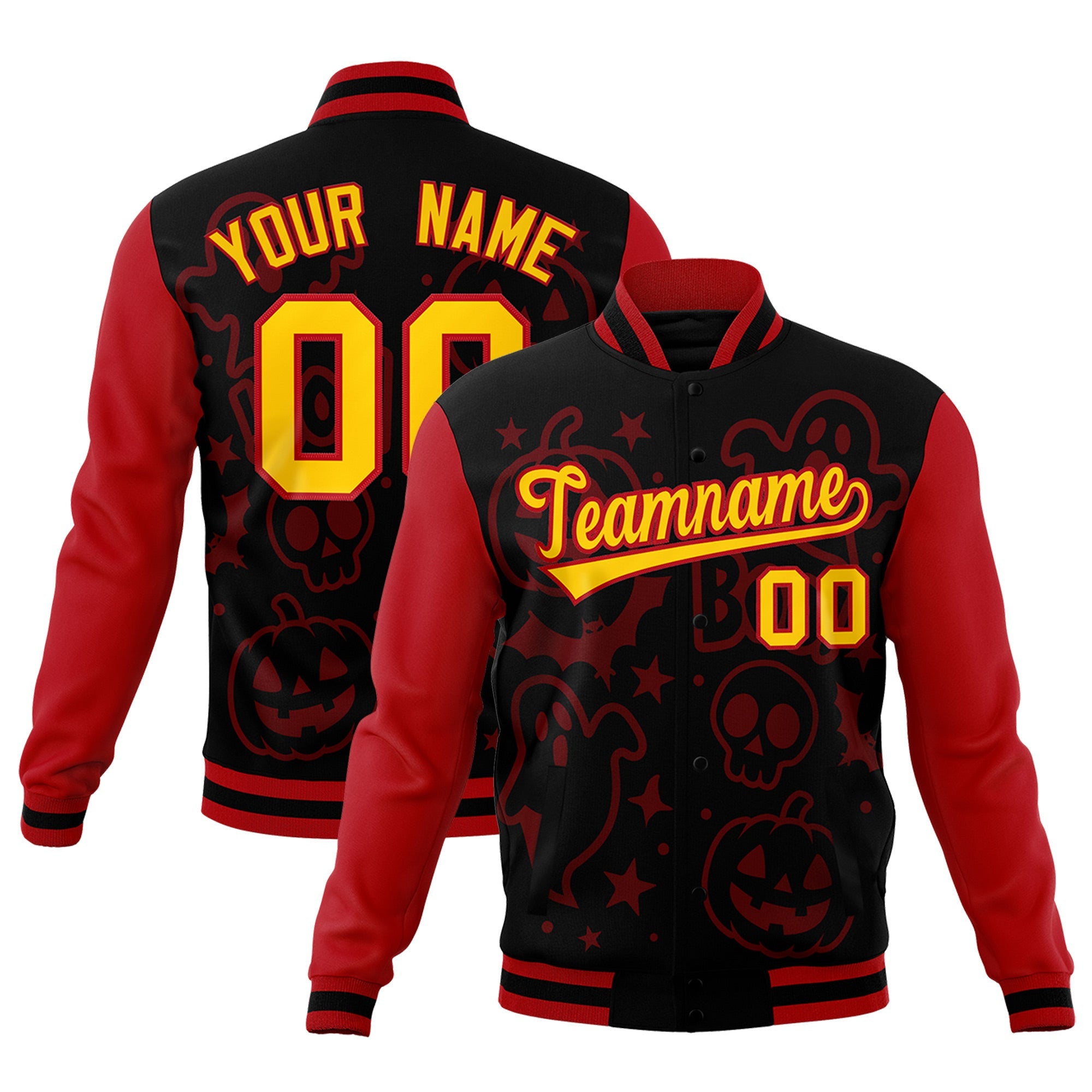 Custom Red Black Gold Bats Pumpkins Ghost Patterns Halloween Letterman Jacket| KXKSHOP