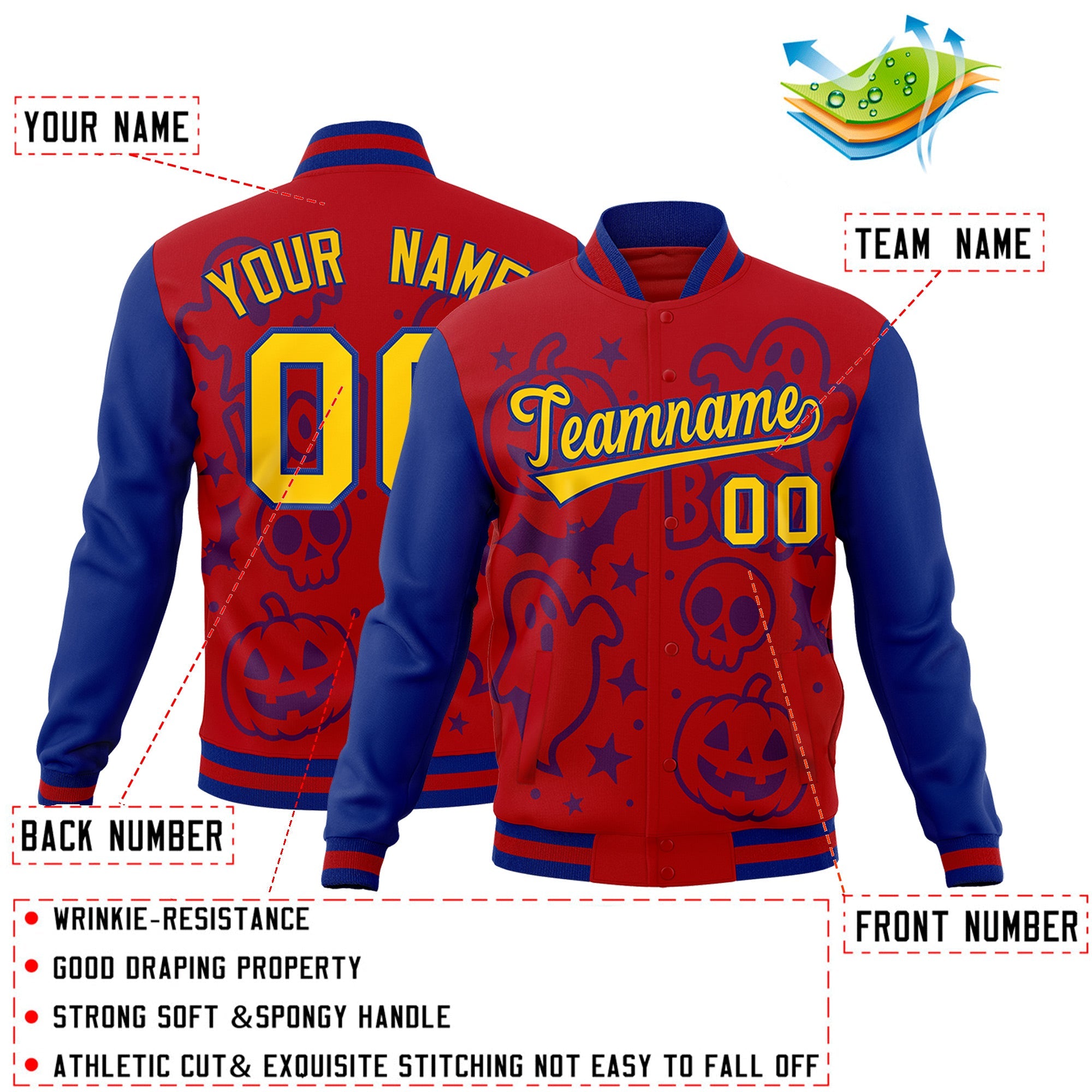 Custom Royal Red Royal Blue Bats Pumpkins Ghost Patterns Halloween Letterman Jacket| KXKSHOP