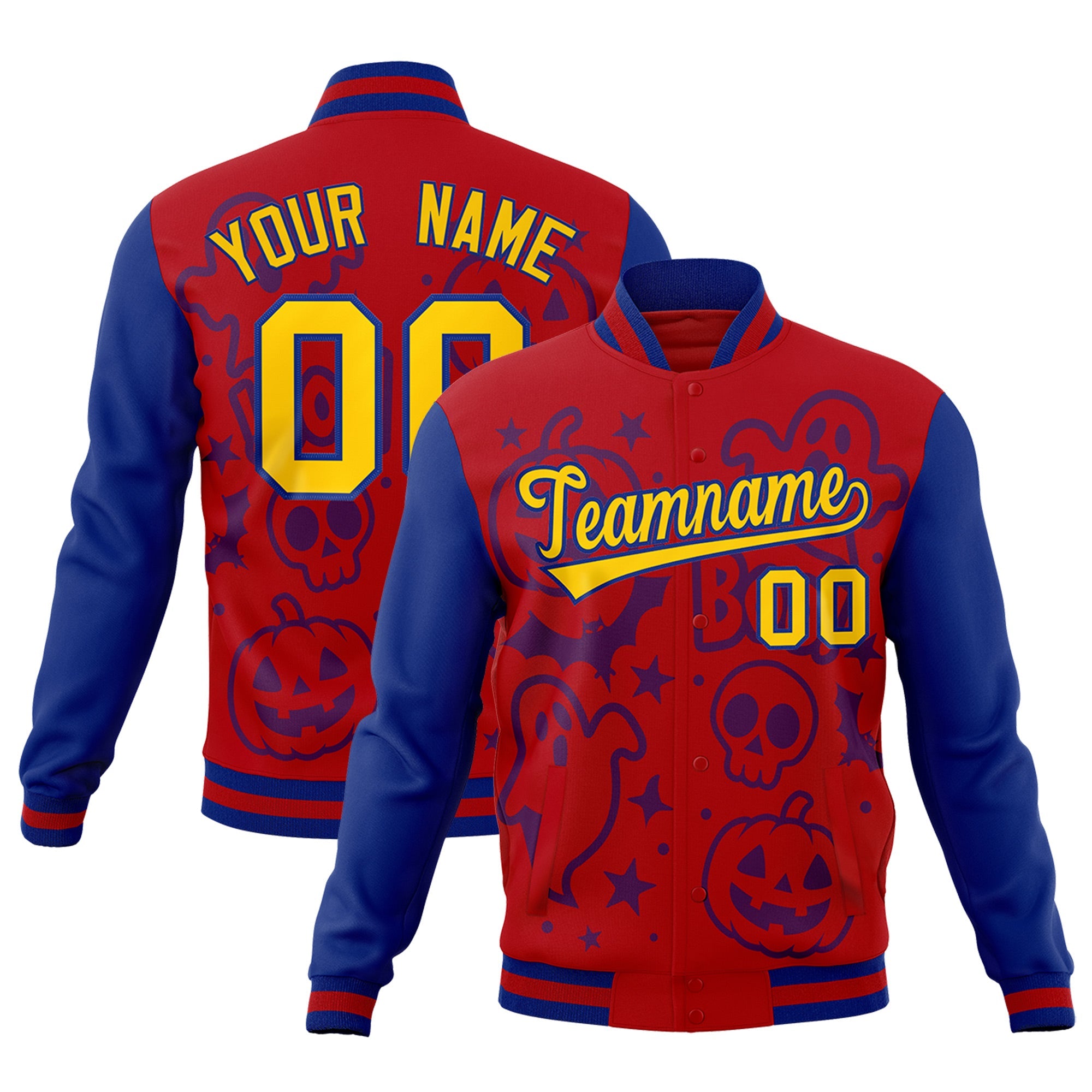 Custom Royal Red Royal Blue Bats Pumpkins Ghost Patterns Halloween Letterman Jacket| KXKSHOP