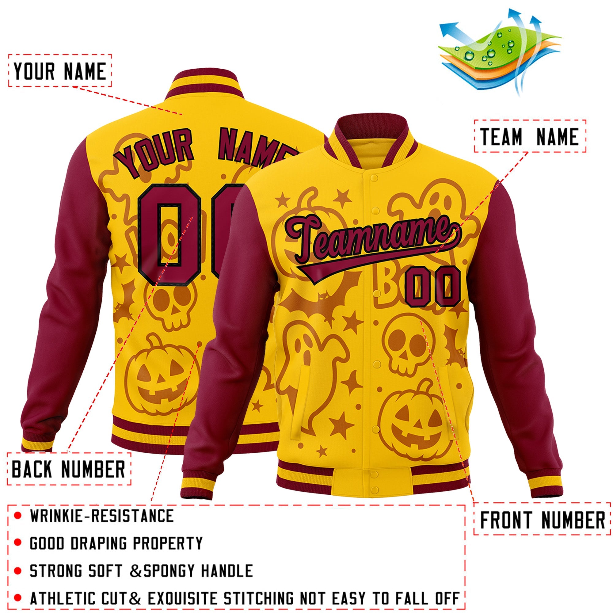 Custom Crimson Gold Yellow Bats Pumpkins Ghost Patterns Halloween Letterman Jacket| KXKSHOP