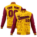 Custom Crimson Gold Yellow Bats Pumpkins Ghost Patterns Halloween Letterman Jacket| KXKSHOP