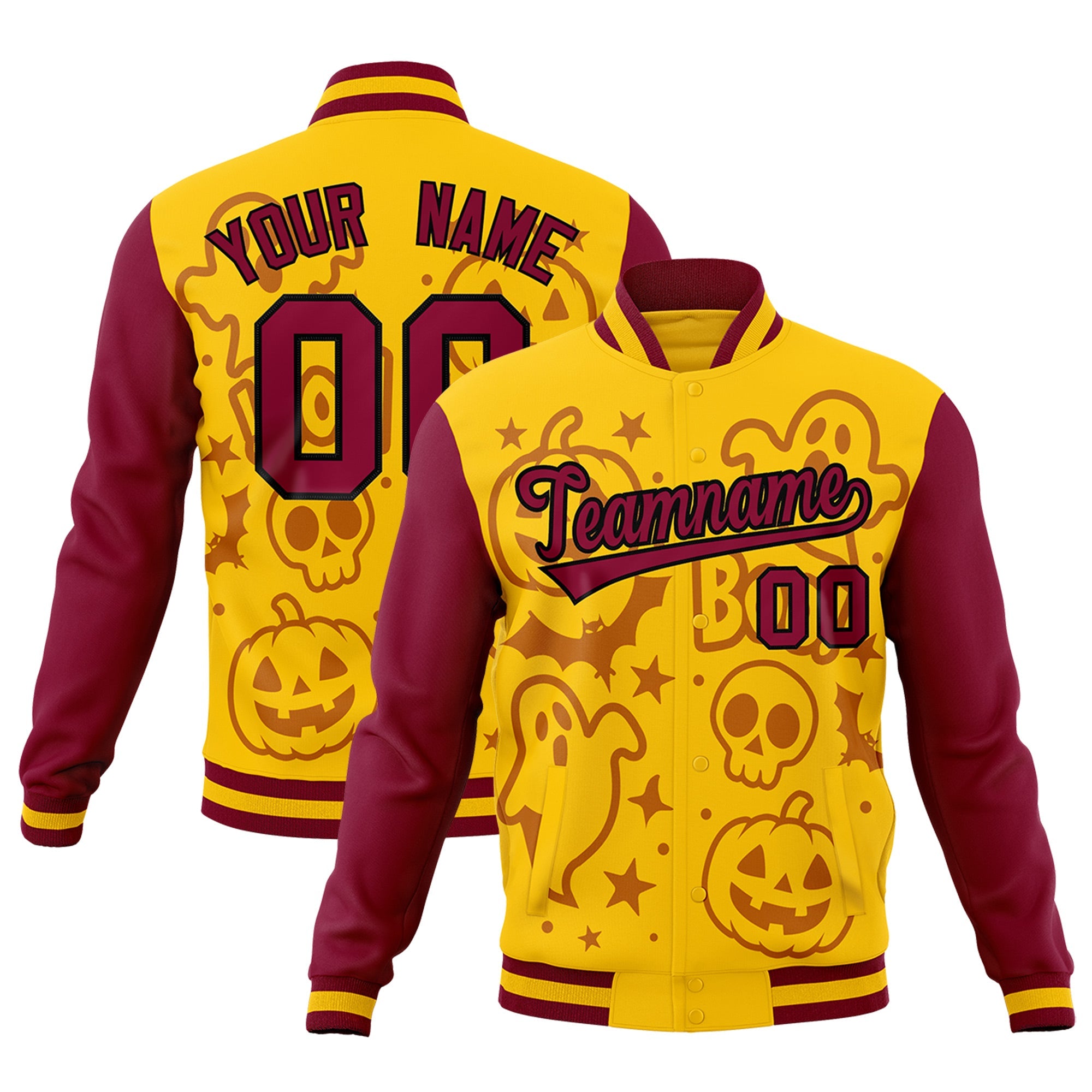 Custom Crimson Gold Yellow Bats Pumpkins Ghost Patterns Halloween Letterman Jacket| KXKSHOP