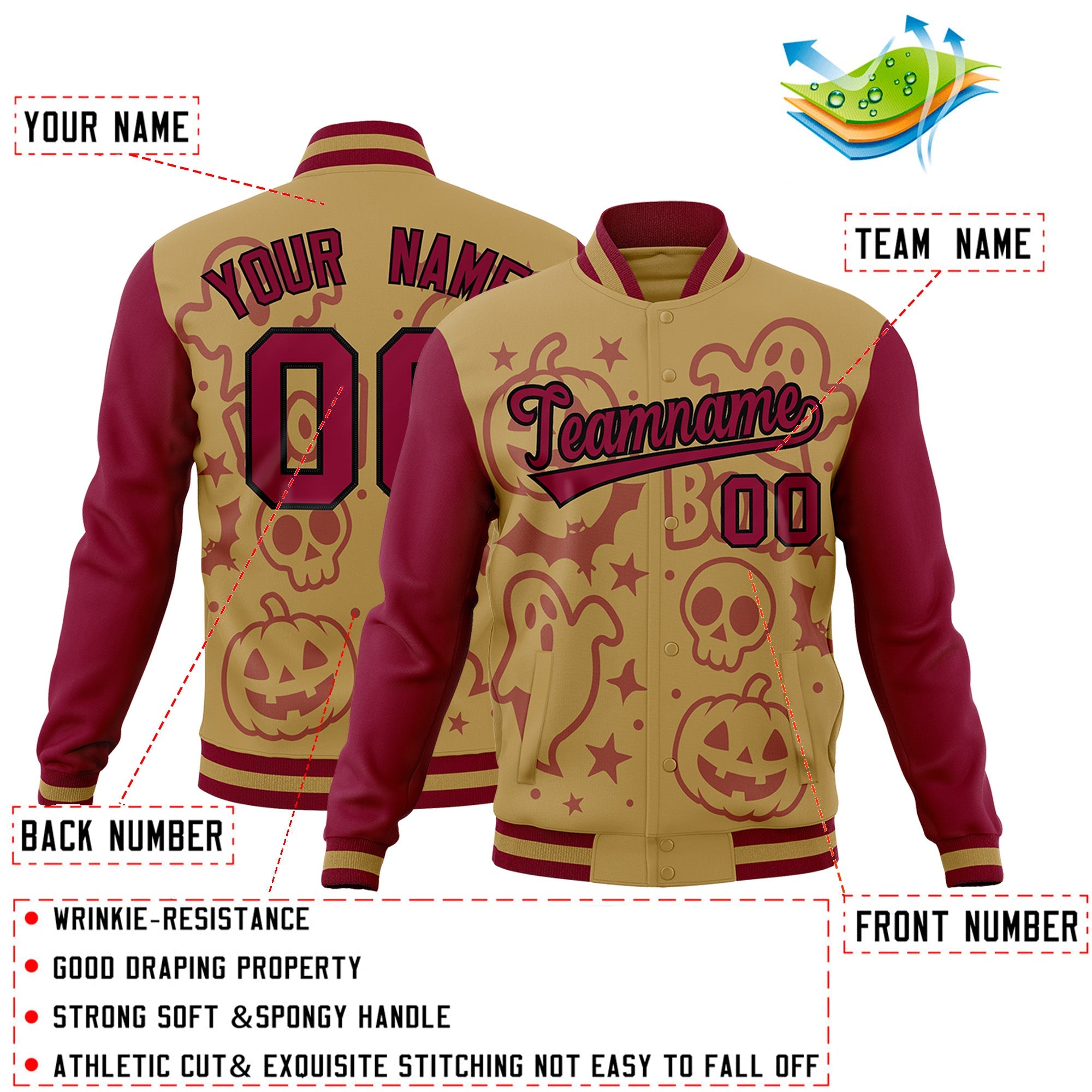 Custom Khaki Crimson Black Bats Pumpkins Ghost Patterns Halloween Letterman Jacket| KXKSHOP