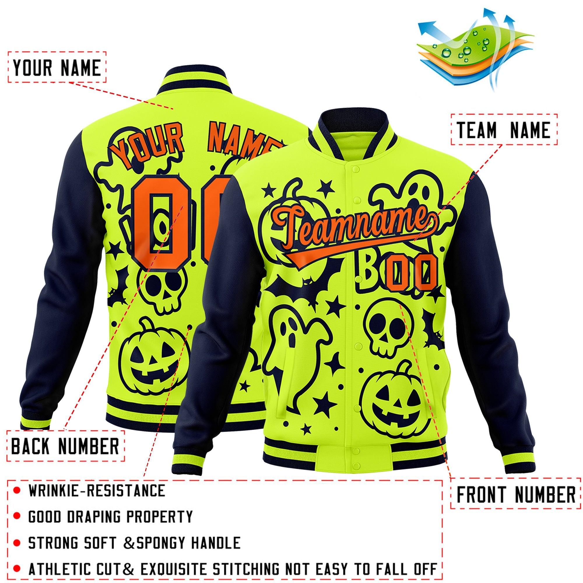 Custom Neon Green Navy Orange Bats Pumpkins Ghost Patterns Halloween Letterman Jacket| KXKSHOP