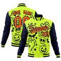 Custom Neon Green Navy Orange Bats Pumpkins Ghost Patterns Halloween Letterman Jacket| KXKSHOP