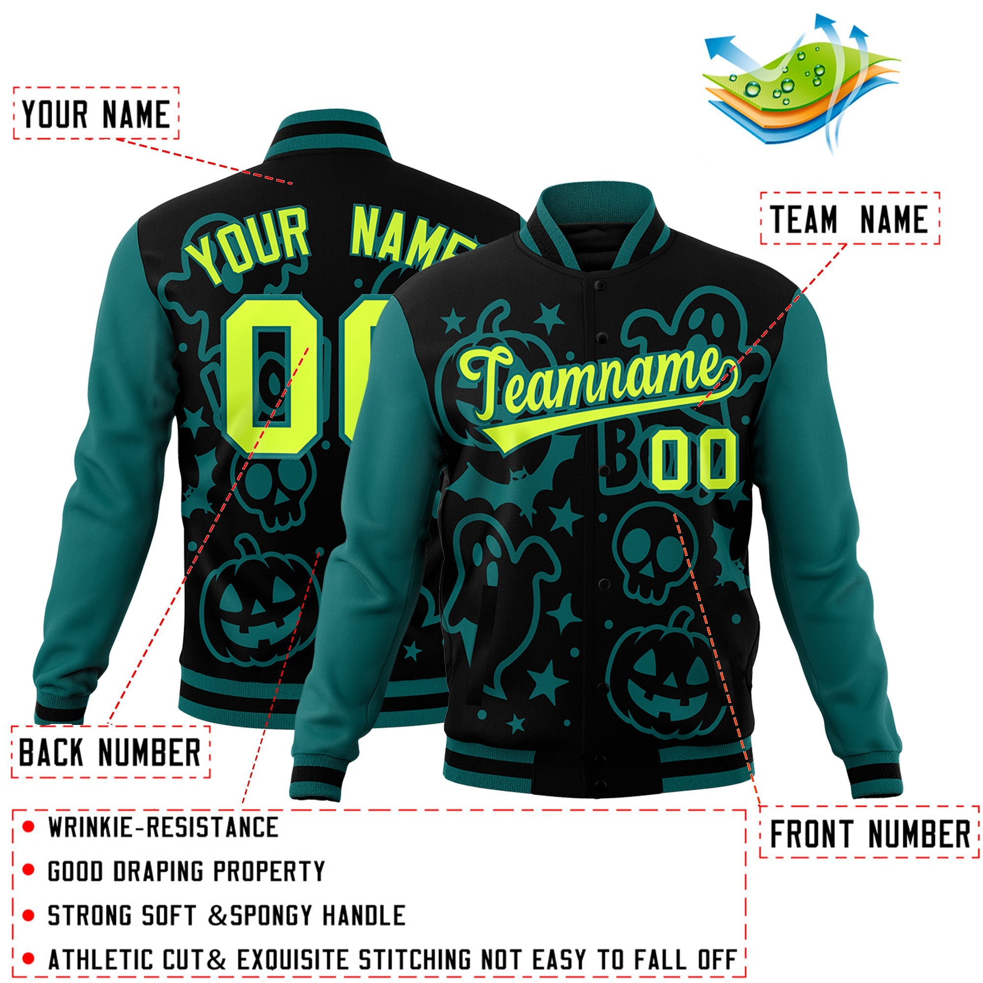 Custom Teal Black Neon Green Bats Pumpkins Ghost Patterns Halloween Letterman Jacket| KXKSHOP