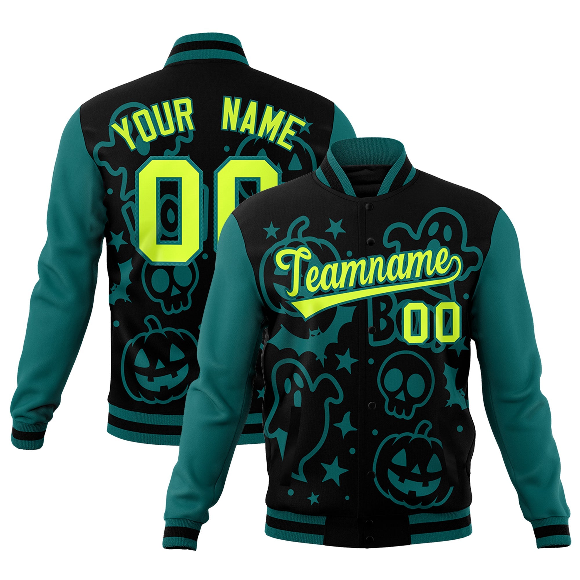 Custom Teal Black Neon Green Bats Pumpkins Ghost Patterns Halloween Letterman Jacket| KXKSHOP