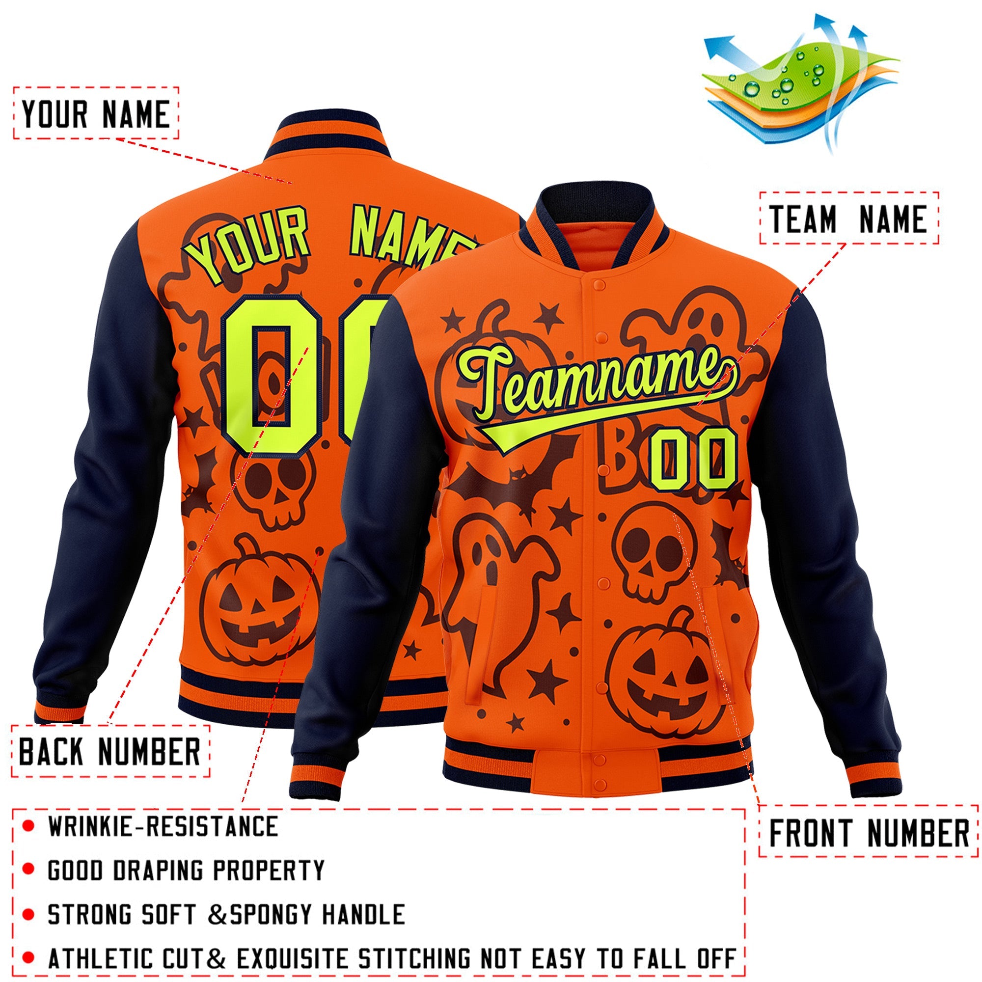 Custom Navy Orange Teal Bats Pumpkins Ghost Patterns Halloween Letterman Jacket| KXKSHOP