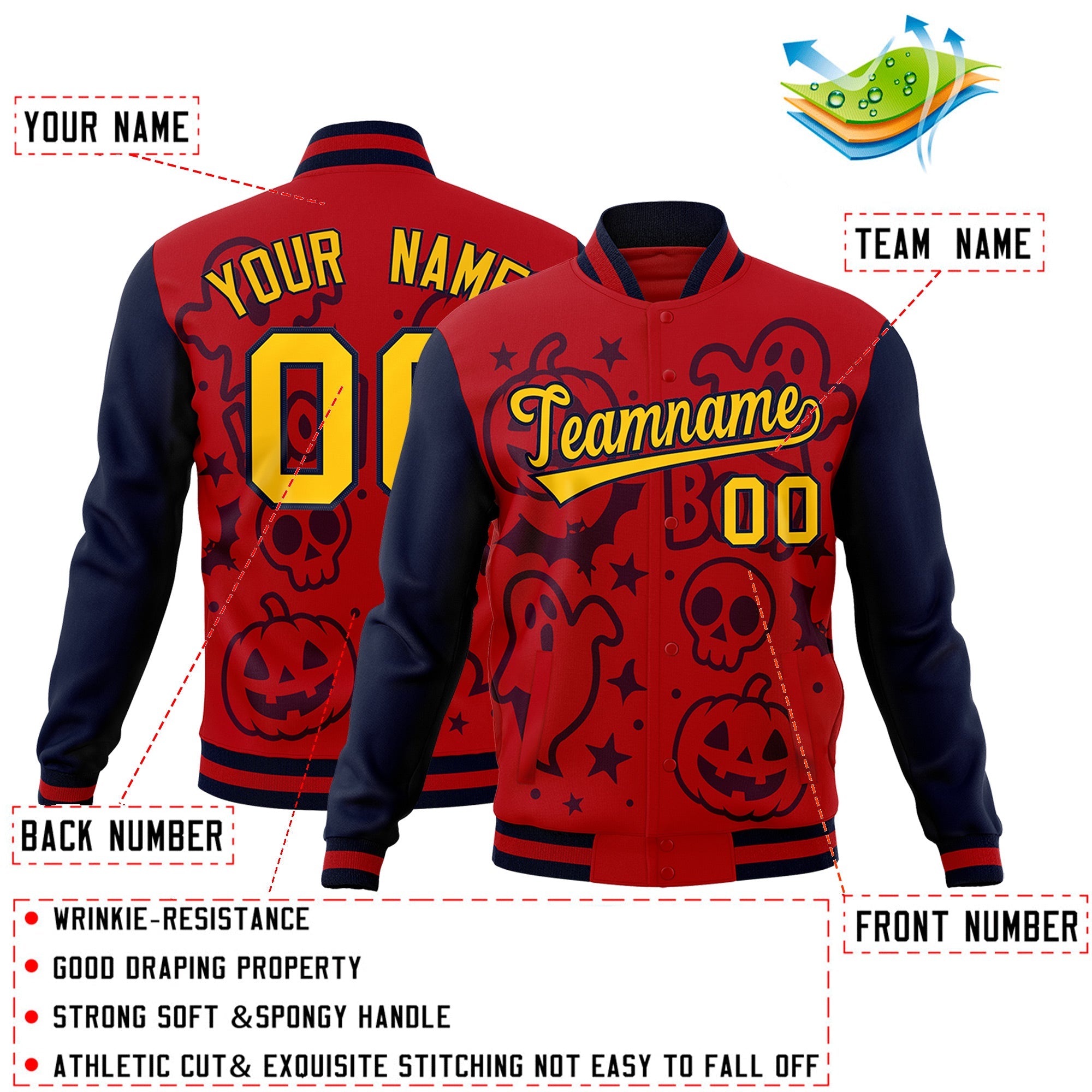 Custom Navy Red Gold Bats Pumpkins Ghost Patterns Halloween Letterman Jacket| KXKSHOP