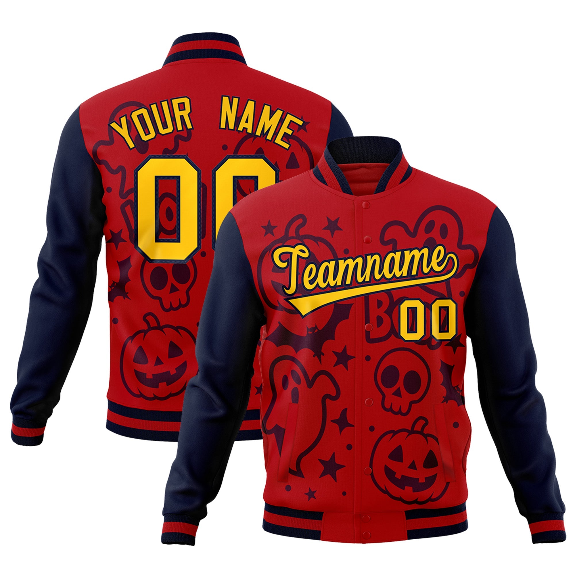 Custom Navy Red Gold Bats Pumpkins Ghost Patterns Halloween Letterman Jacket| KXKSHOP