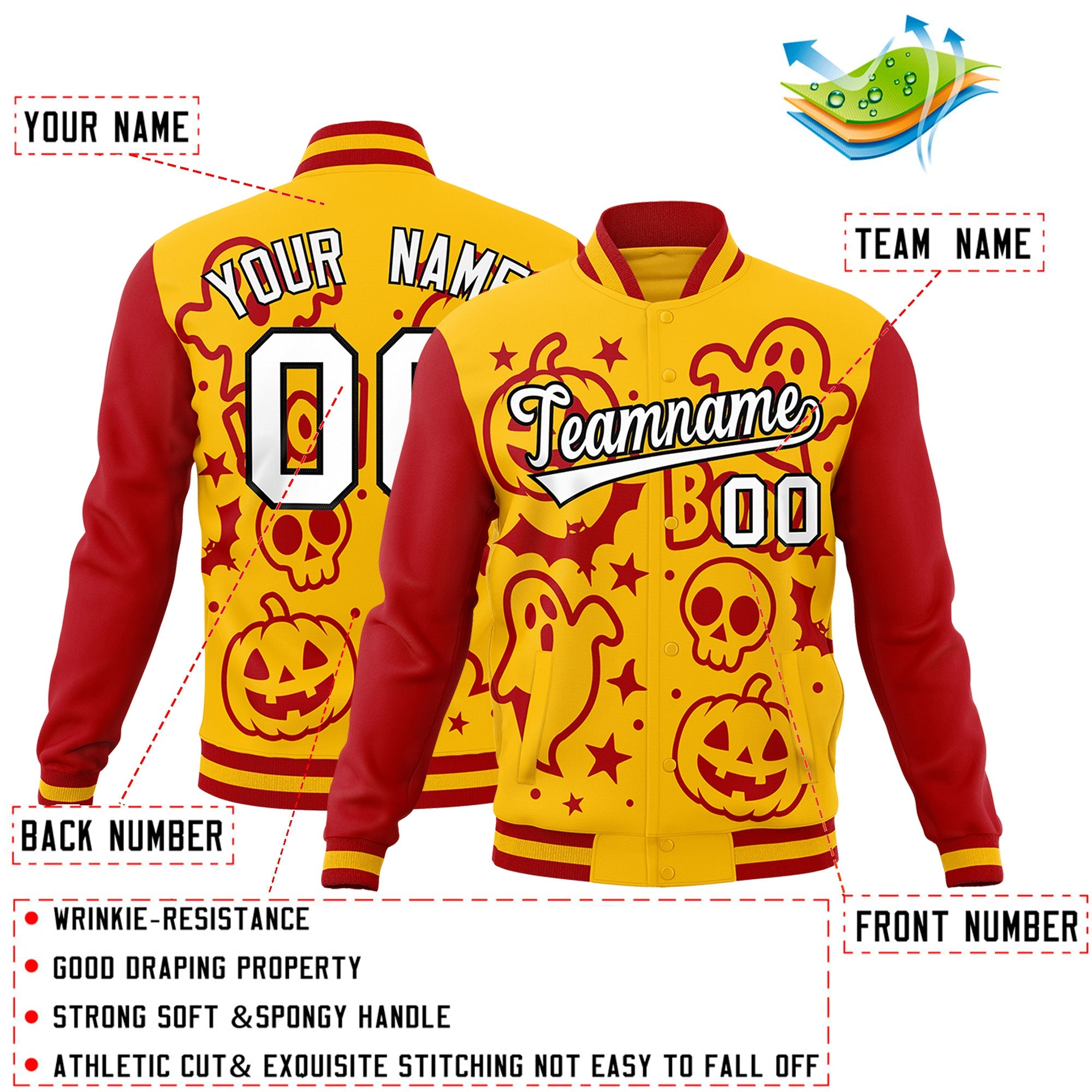 Custom Gold Red White Bats Pumpkins Ghost Patterns Halloween Letterman Jacket| KXKSHOP