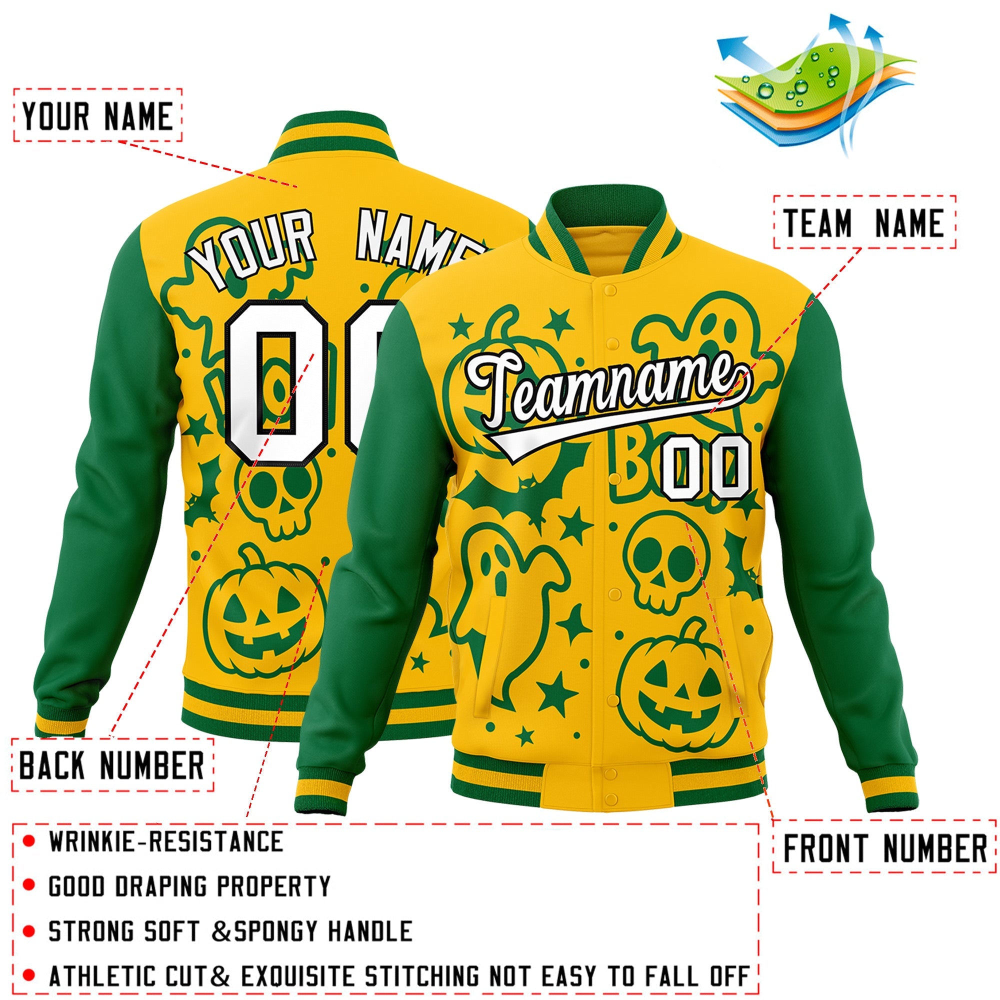 Custom Gold Kelly Green White Bats Pumpkins Ghost Patterns Halloween Letterman Jacket| KXKSHOP