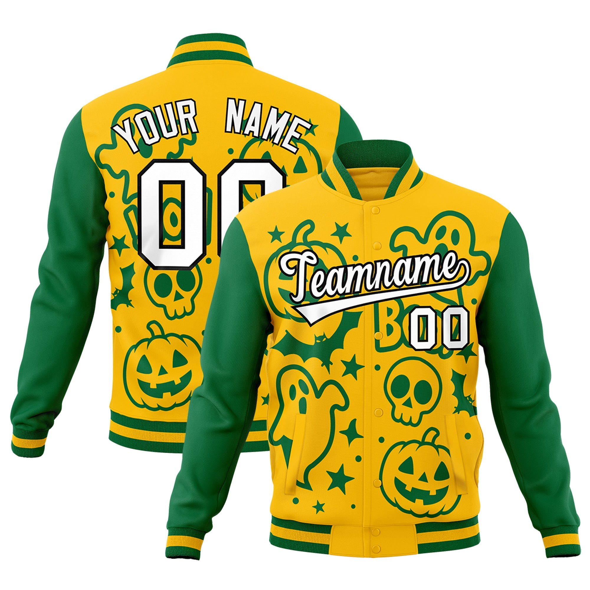Custom Gold Kelly Green White Bats Pumpkins Ghost Patterns Halloween Letterman Jacket| KXKSHOP