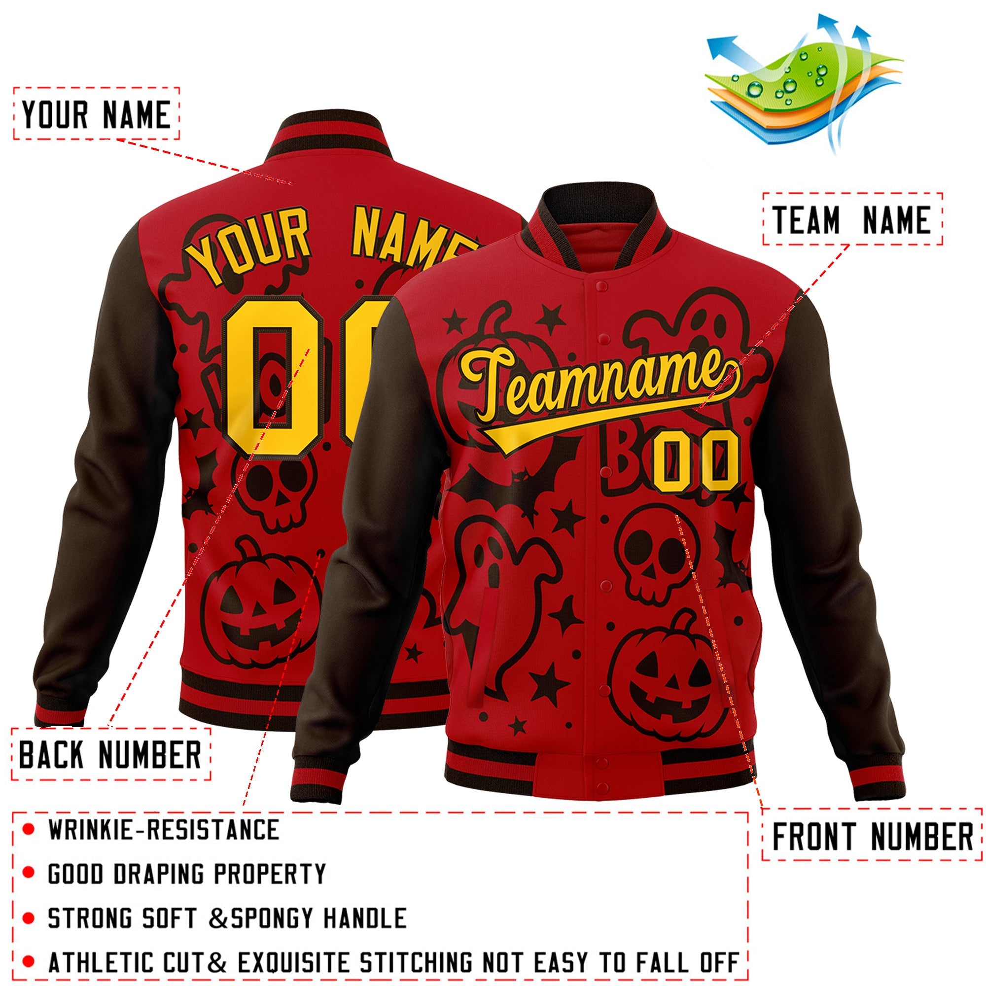 Custom Red Brown Gold Bats Pumpkins Ghost Patterns Halloween Letterman Jacket| KXKSHOP