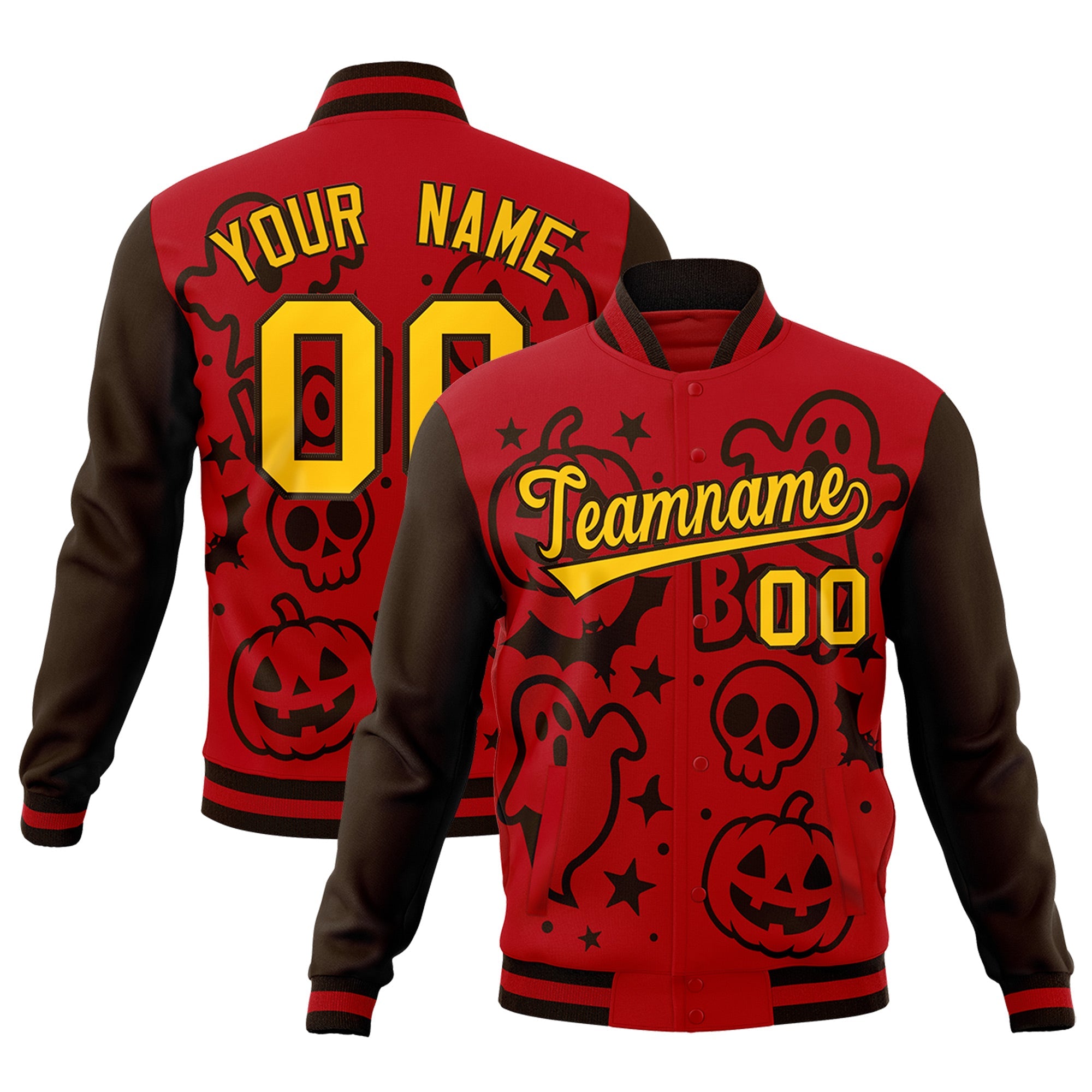 Custom Red Brown Gold Bats Pumpkins Ghost Patterns Halloween Letterman Jacket| KXKSHOP