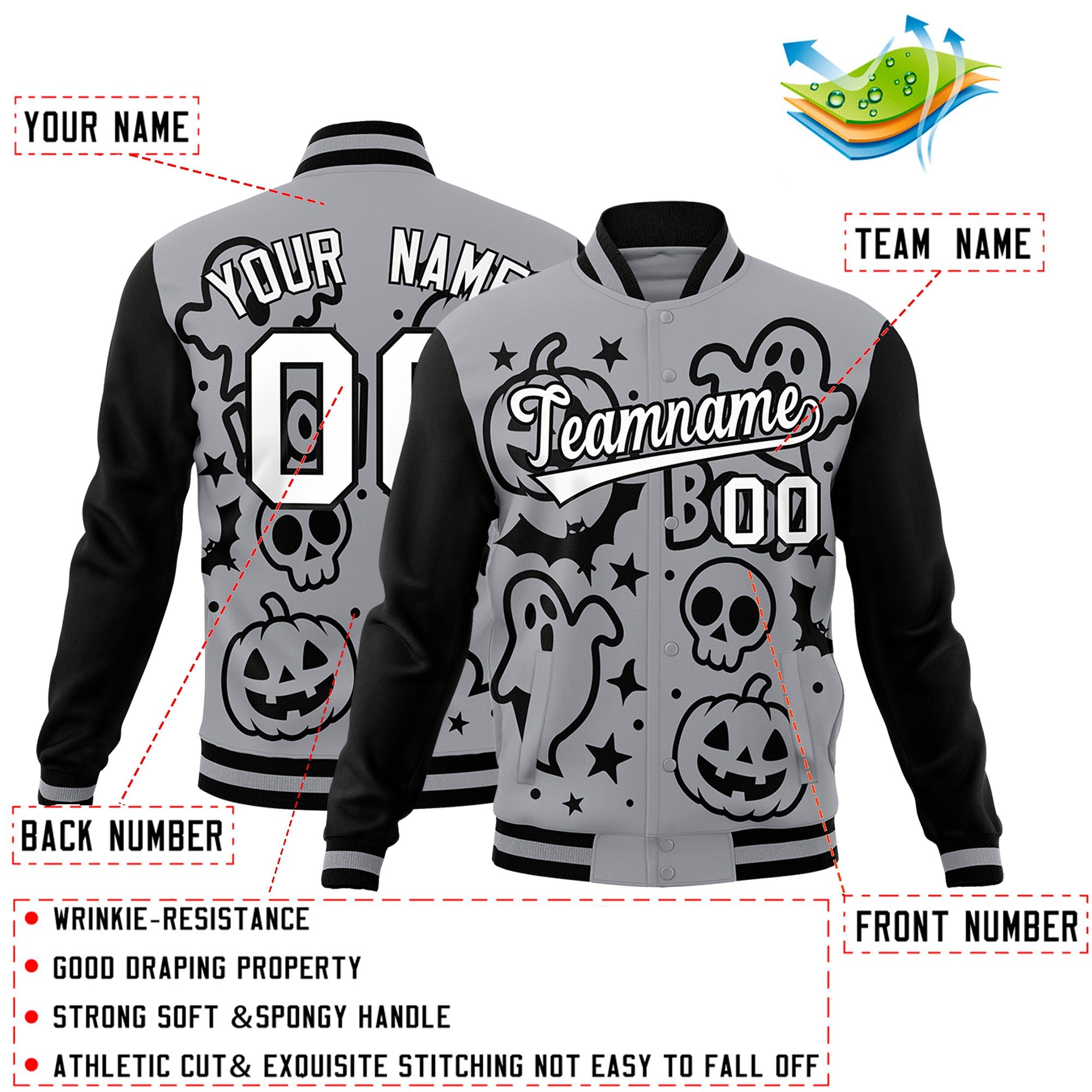 Custom Gray Black White Bats Pumpkins Ghost Patterns Halloween Letterman Jacket| KXKSHOP
