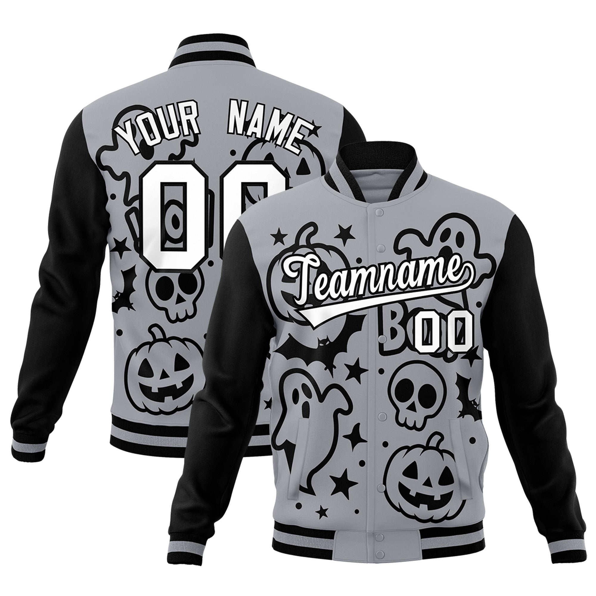 Custom Gray Black White Bats Pumpkins Ghost Patterns Halloween Letterman Jacket| KXKSHOP