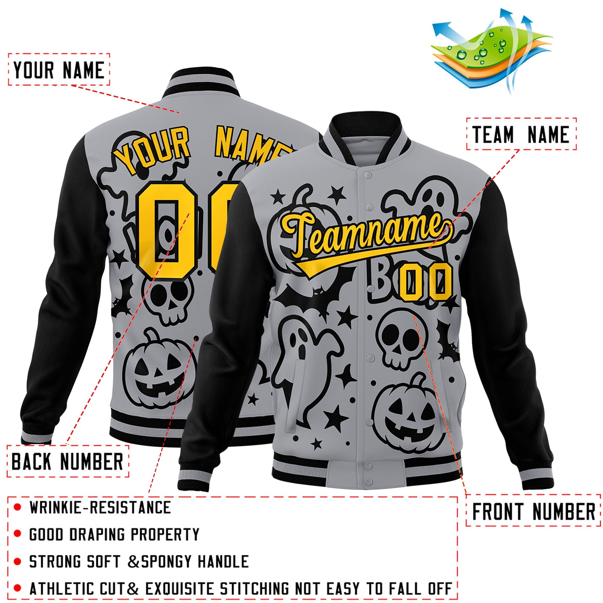 Custom Gray Black Gold Bats Pumpkins Ghost Patterns Halloween Letterman Jacket| KXKSHOP
