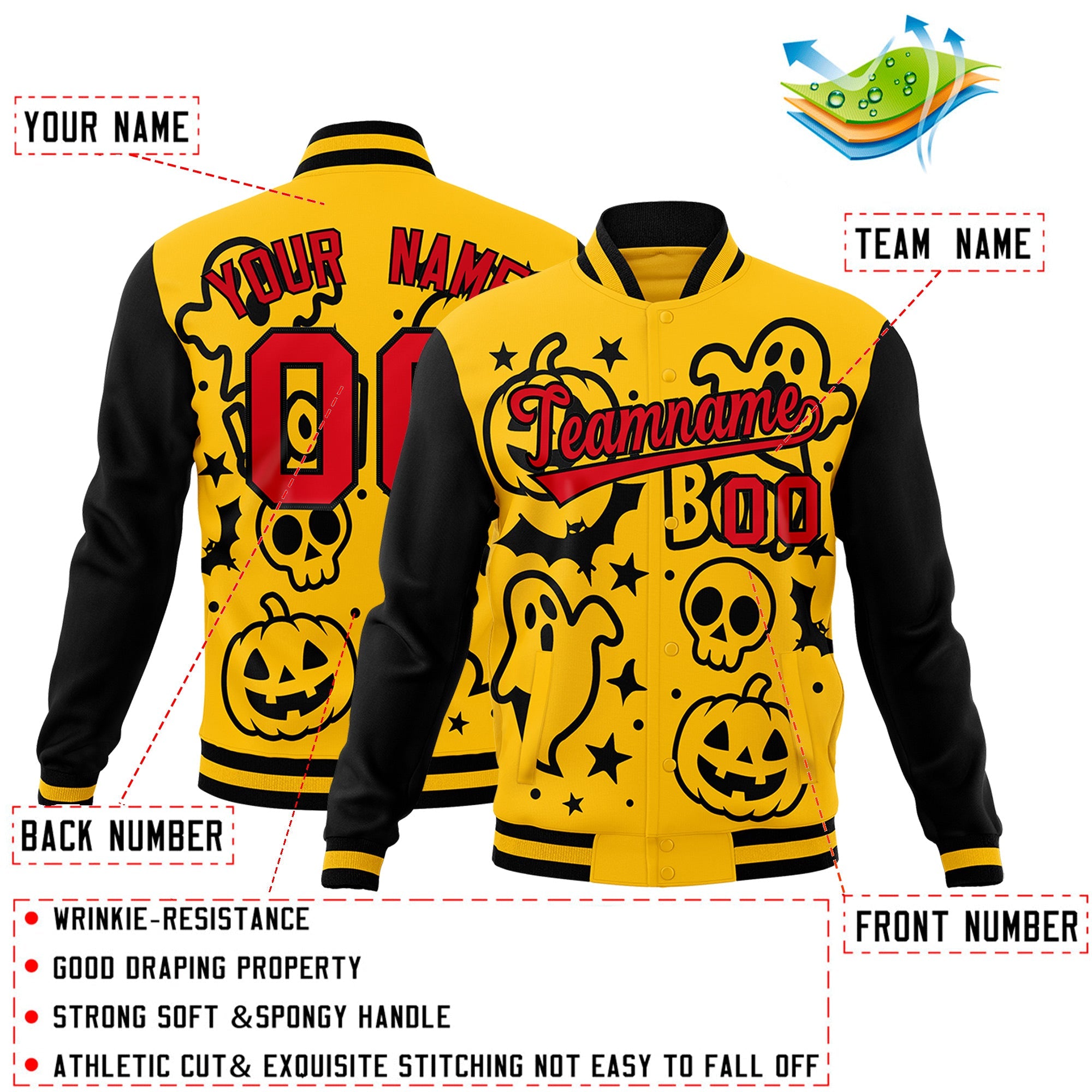 Custom Gold Black Red Bats Pumpkins Ghost Patterns Halloween Letterman Jacket| KXKSHOP