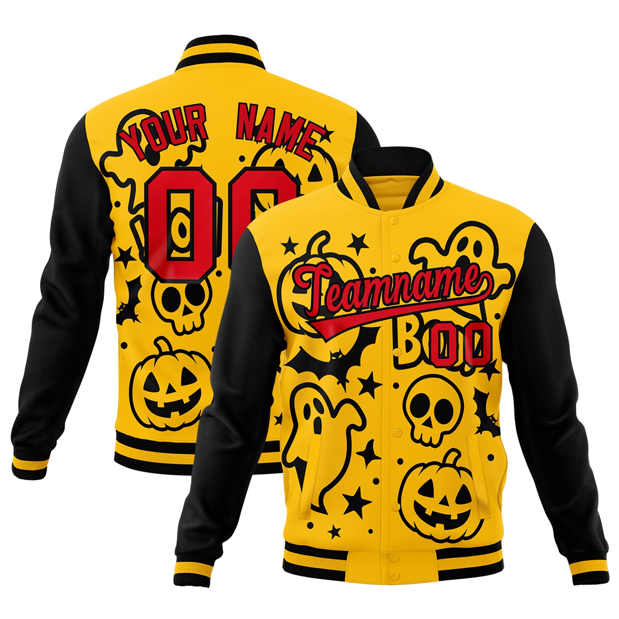 Custom Gold Black Red Bats Pumpkins Ghost Patterns Halloween Letterman Jacket| KXKSHOP