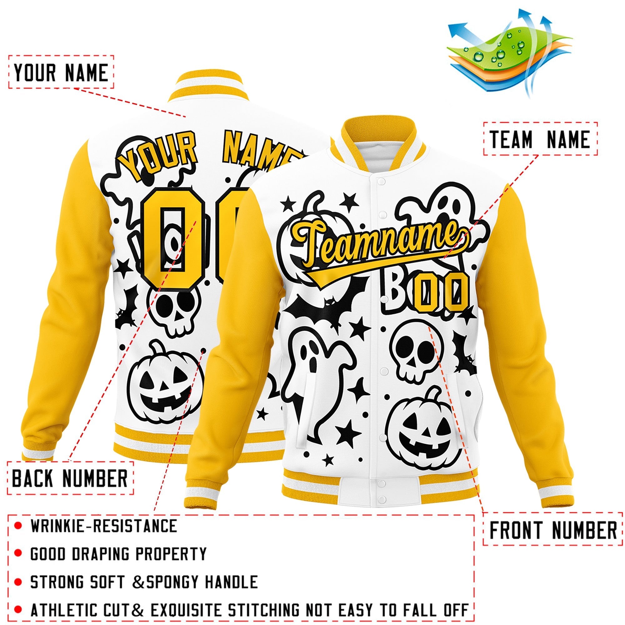 Custom White Black Gold Bats Pumpkins Ghost Patterns Halloween Letterman Jacket| KXKSHOP