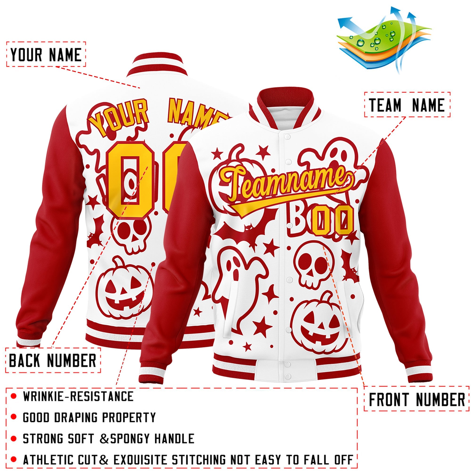 Custom White Red Gold Bats Pumpkins Ghost Patterns Halloween Letterman Jacket| KXKSHOP