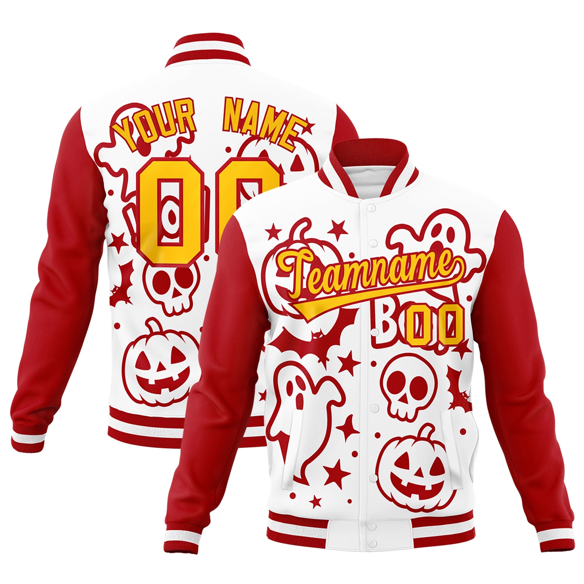 Custom White Red Gold Bats Pumpkins Ghost Patterns Halloween Letterman Jacket| KXKSHOP
