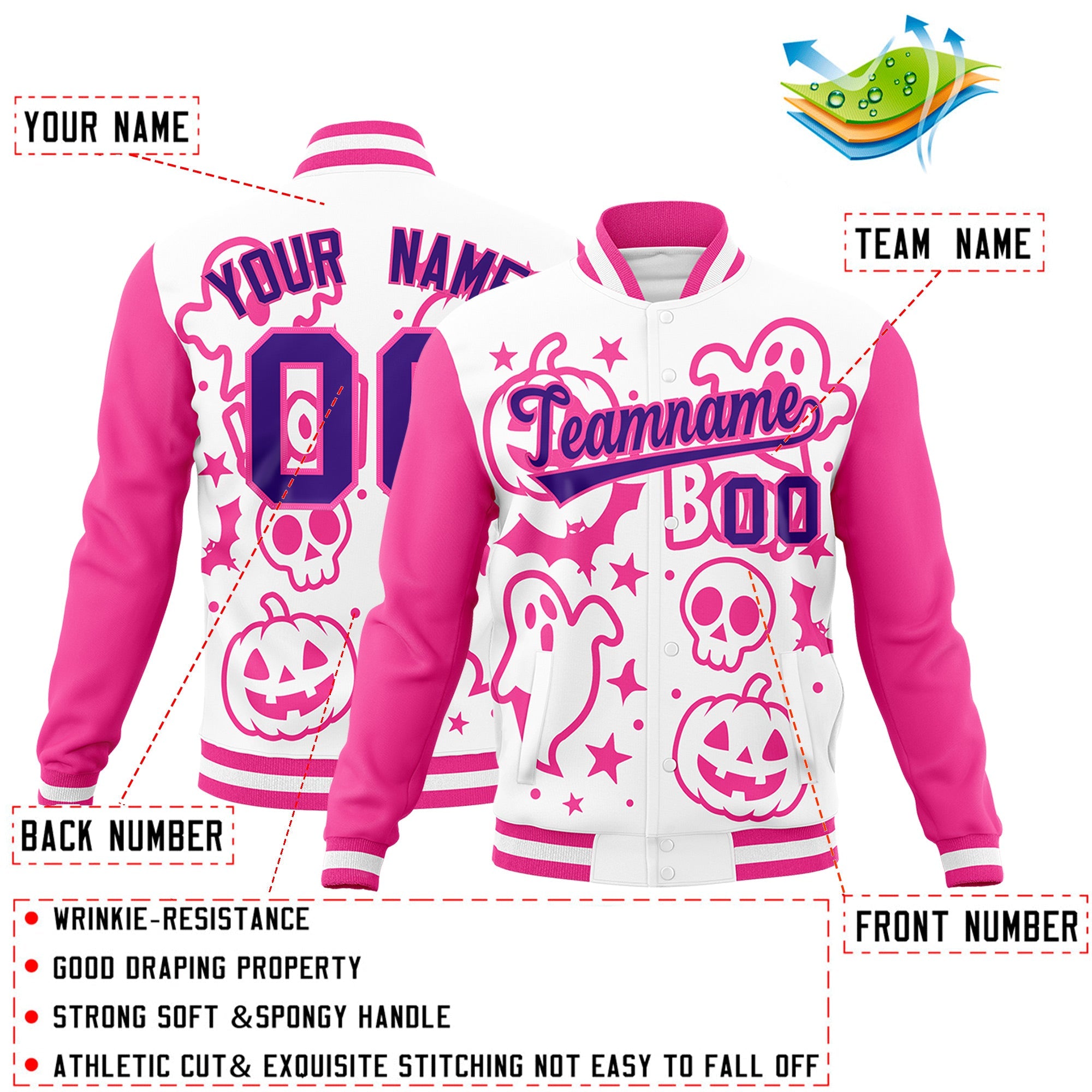 Custom White Pink Purple Bats Pumpkins Ghost Patterns Halloween Letterman Jacket| KXKSHOP