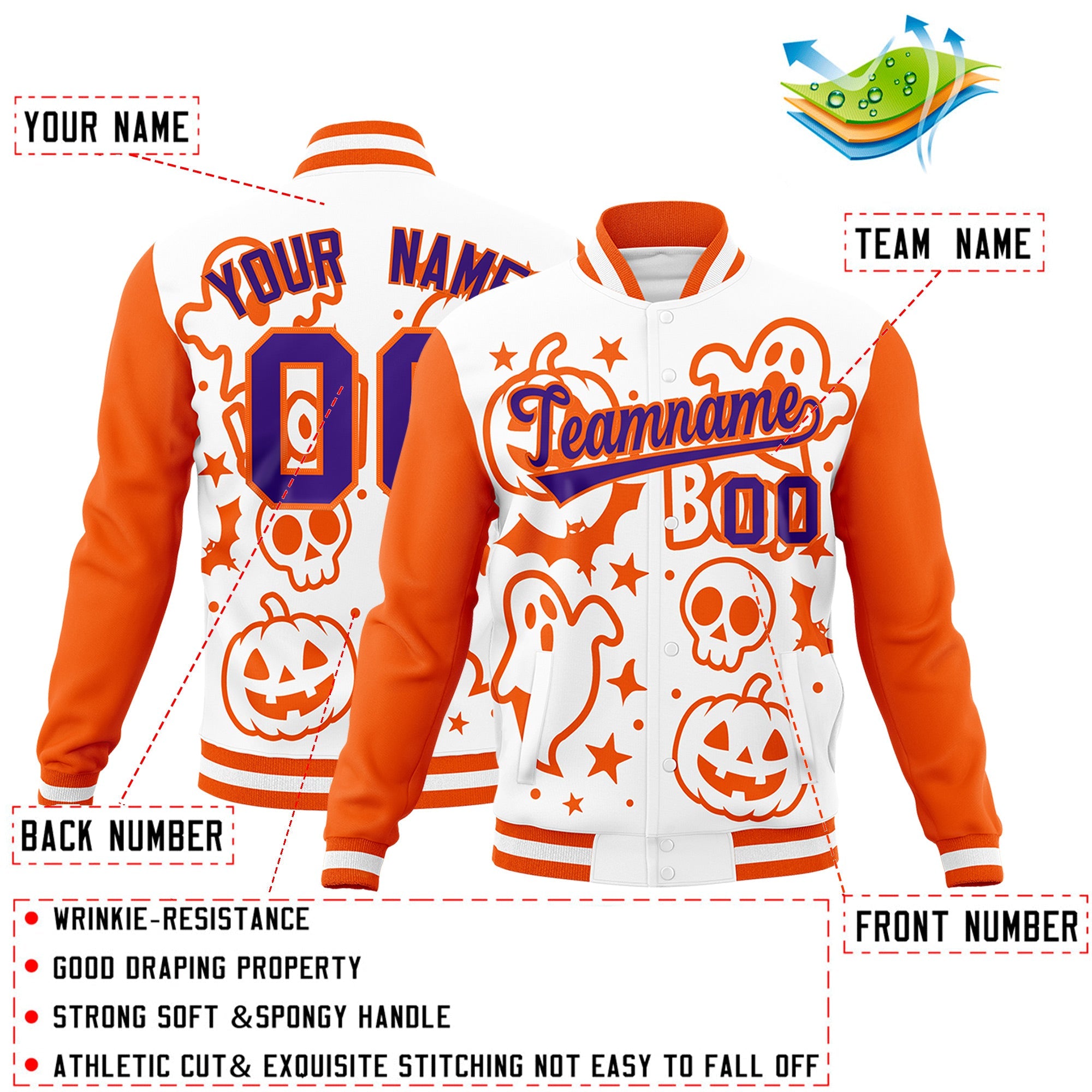 Custom White Orange Purple Bats Pumpkins Ghost Patterns Halloween Letterman Jacket| KXKSHOP