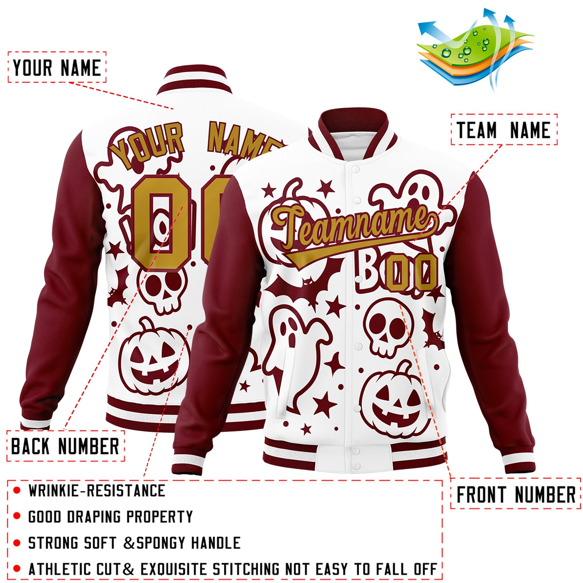Custom White Crimson Old Gold Bats Pumpkins Ghost Patterns Halloween Letterman Jacket| KXKSHOP