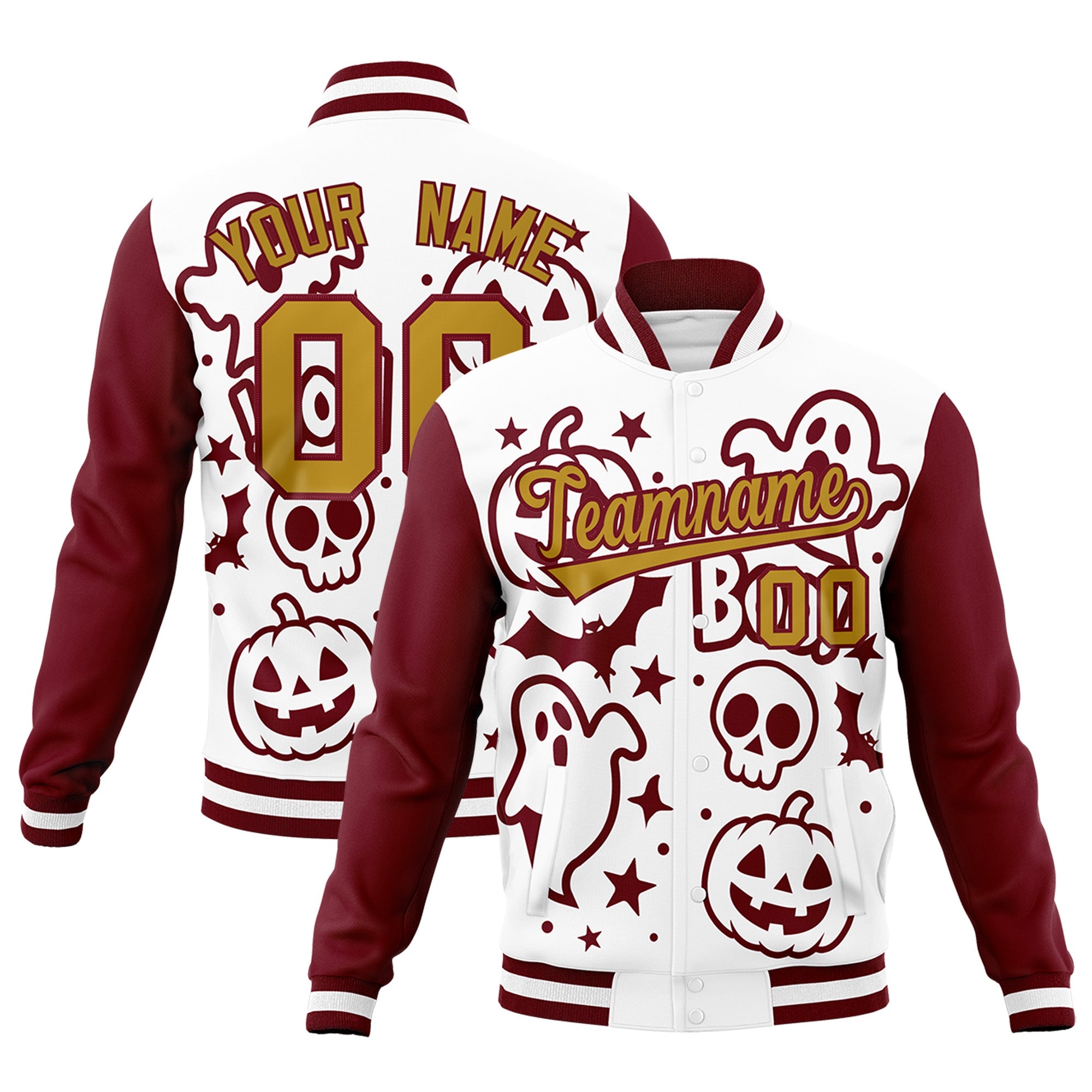 Custom White Crimson Old Gold Bats Pumpkins Ghost Patterns Halloween Letterman Jacket| KXKSHOP