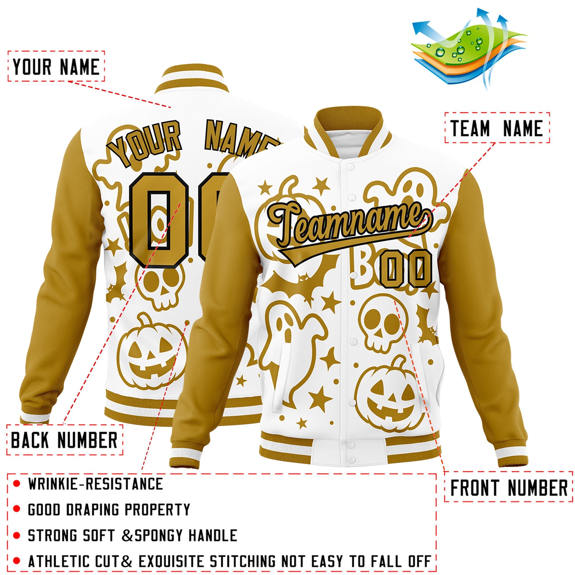Custom White Old Gold Black Bats Pumpkins Ghost Patterns Halloween Letterman Jacket| KXKSHOP