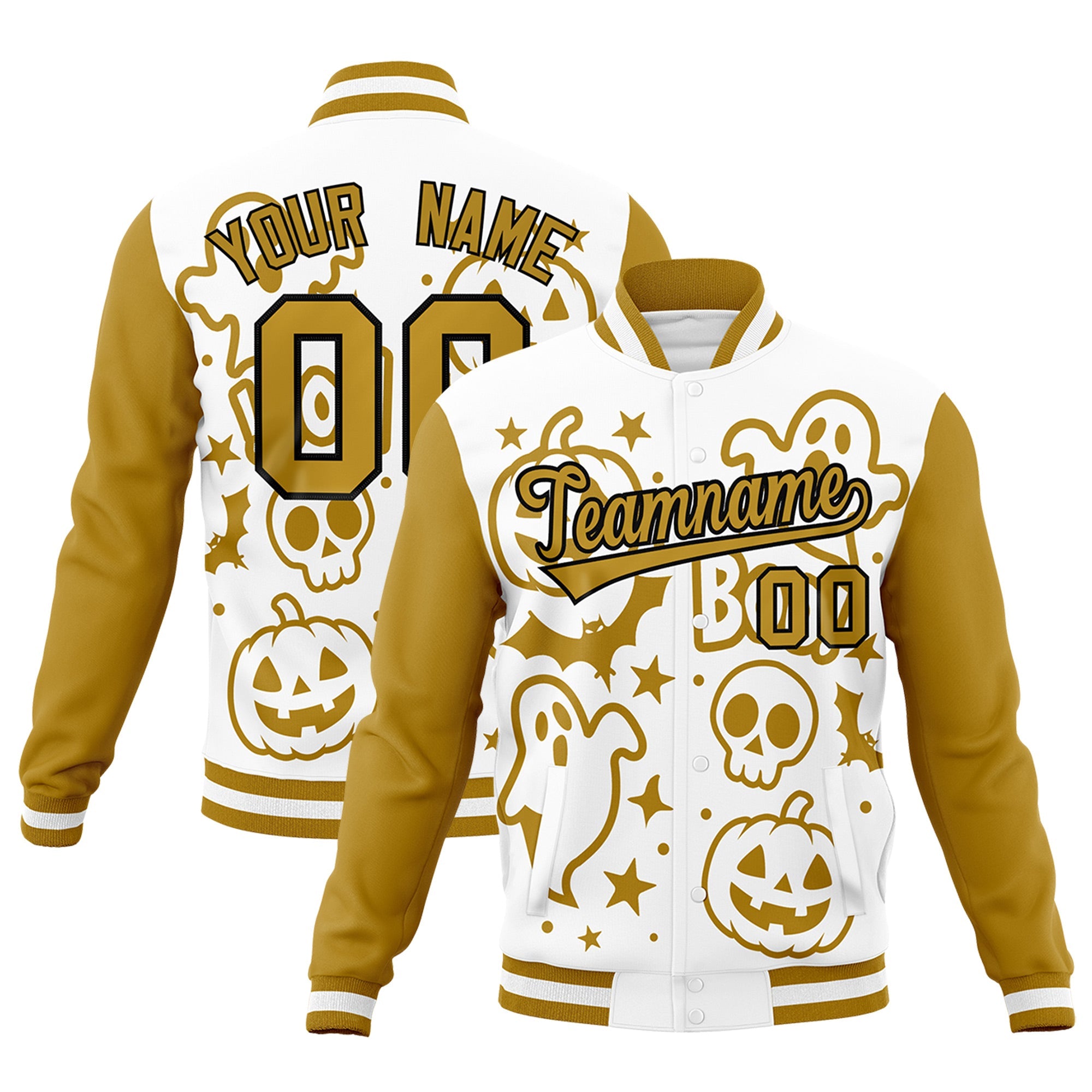 Custom White Old Gold Black Bats Pumpkins Ghost Patterns Halloween Letterman Jacket| KXKSHOP