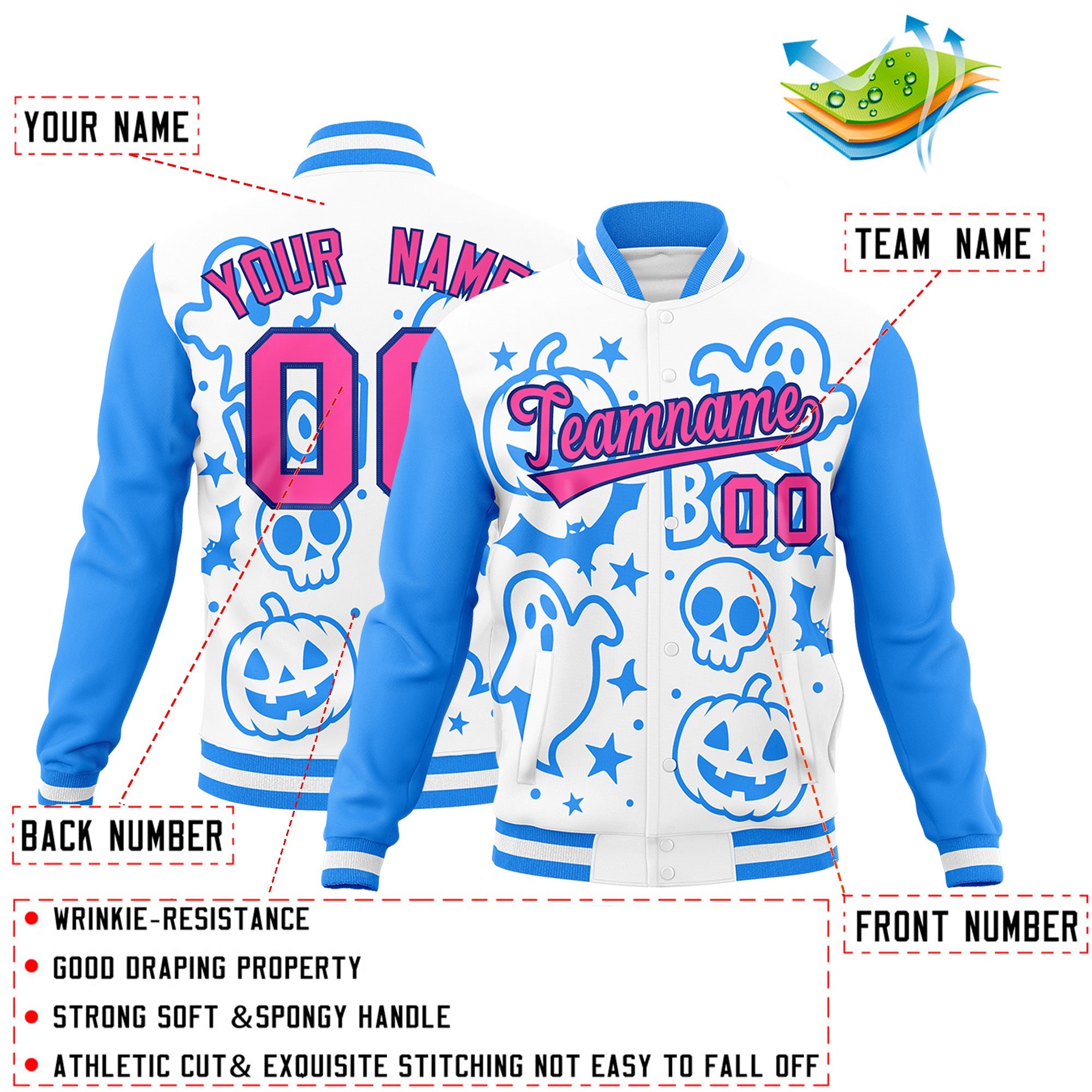 Custom White Powder Blue Pink Bats Pumpkins Ghost Patterns Halloween Letterman Jacket| KXKSHOP