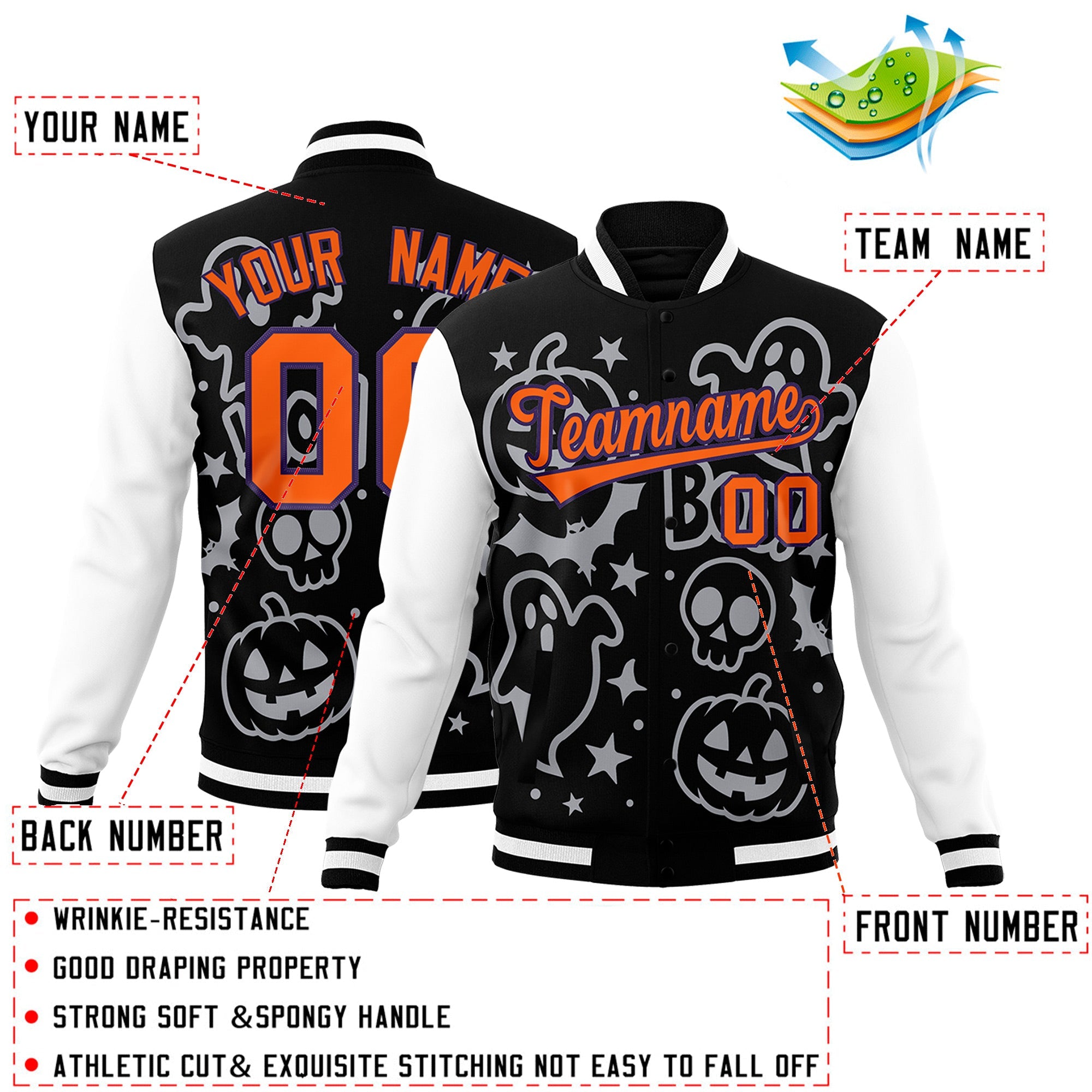 Custom Navy White Orange Bats Pumpkins Ghost Patterns Halloween Letterman Jacket| KXKSHOP