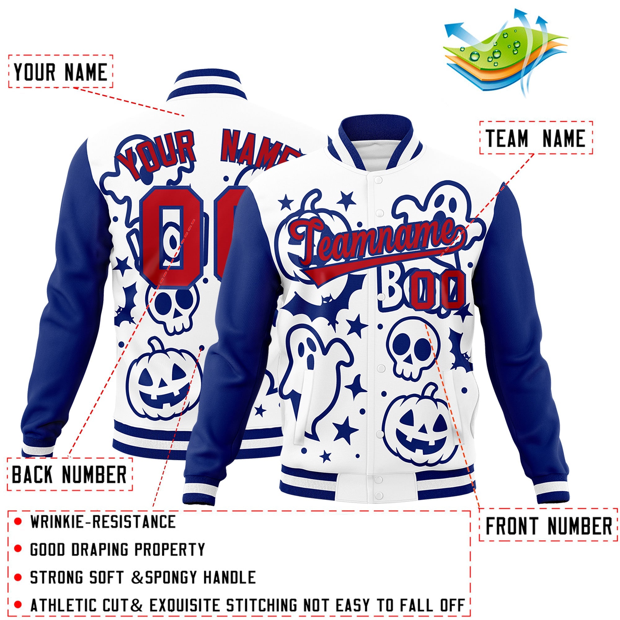 Custom Royal Blue White Red Bats Pumpkins Ghost Patterns Halloween Letterman Jacket| KXKSHOP