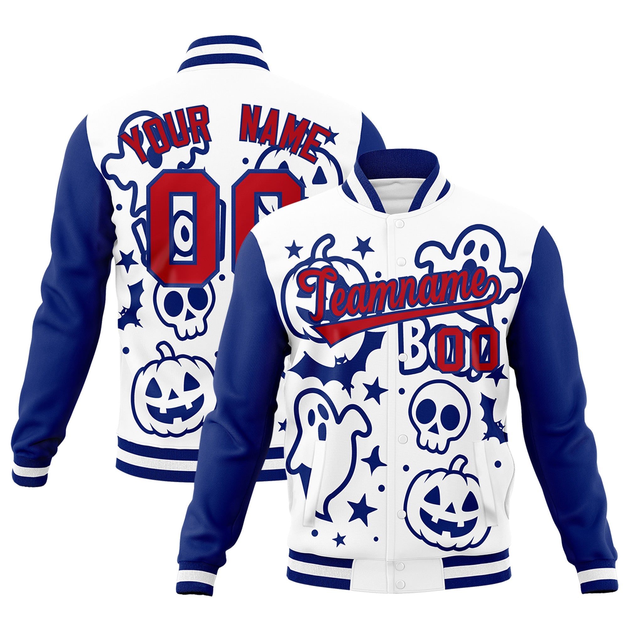 Custom Royal Blue White Red Bats Pumpkins Ghost Patterns Halloween Letterman Jacket| KXKSHOP