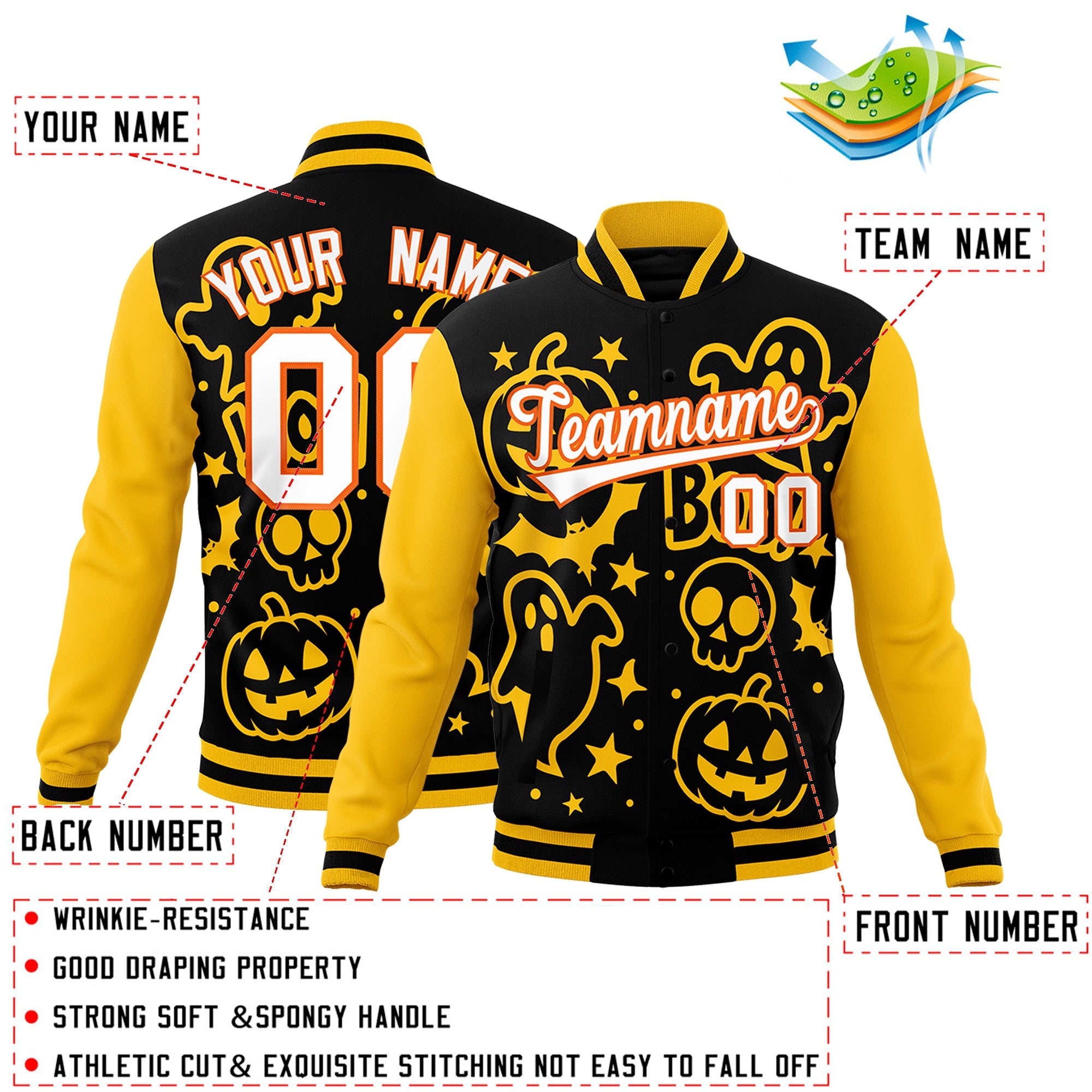 Custom Gold Black White Bats Pumpkins Ghost Patterns Halloween Letterman Jacket| KXKSHOP