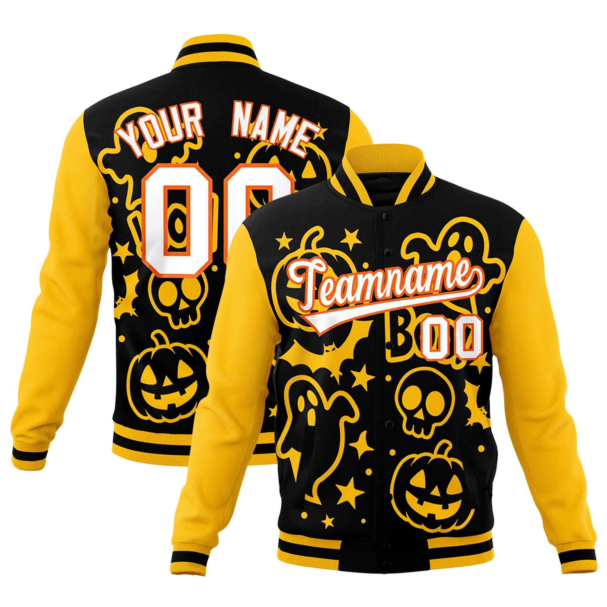 Custom Gold Black White Bats Pumpkins Ghost Patterns Halloween Letterman Jacket| KXKSHOP