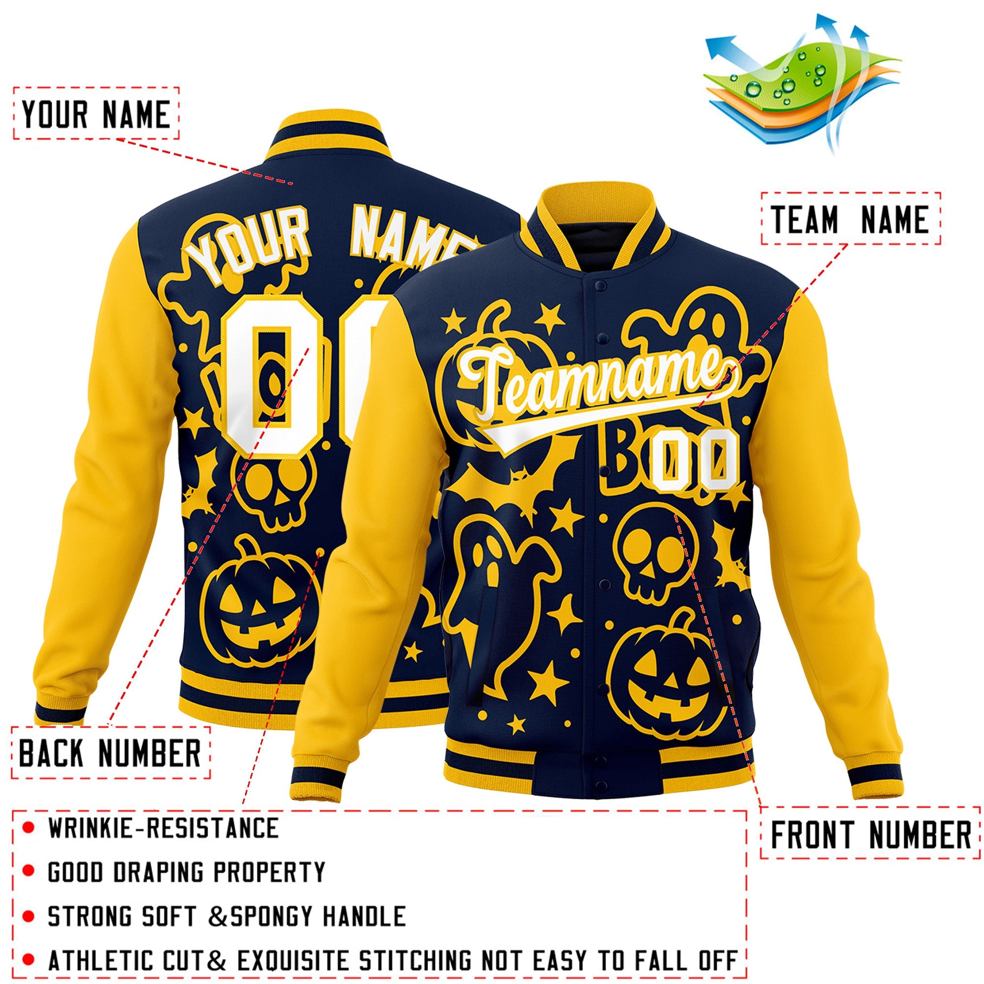 Custom Gold Navy White Bats Pumpkins Ghost Patterns Halloween Letterman Jacket| KXKSHOP