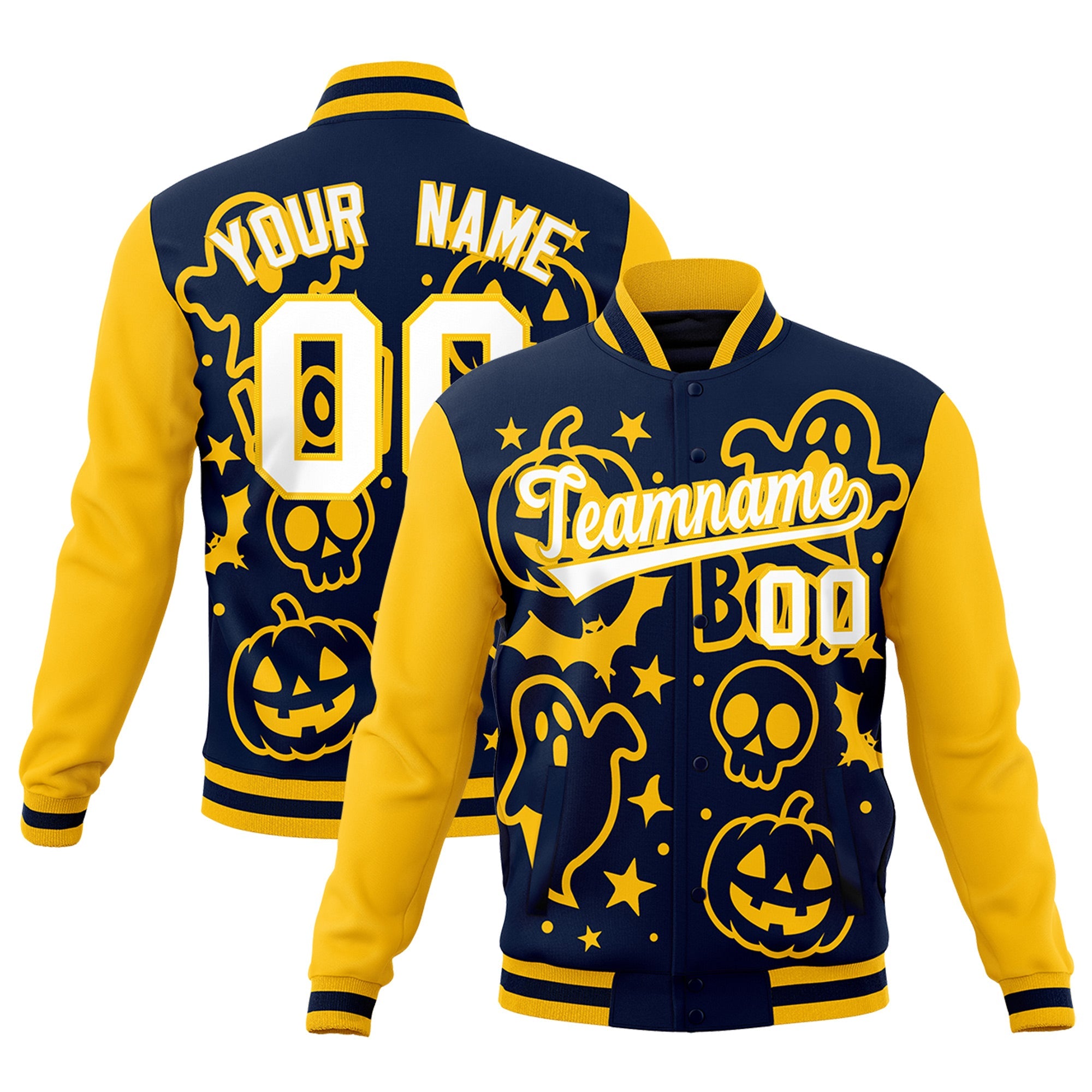 Custom Gold Navy White Bats Pumpkins Ghost Patterns Halloween Letterman Jacket| KXKSHOP