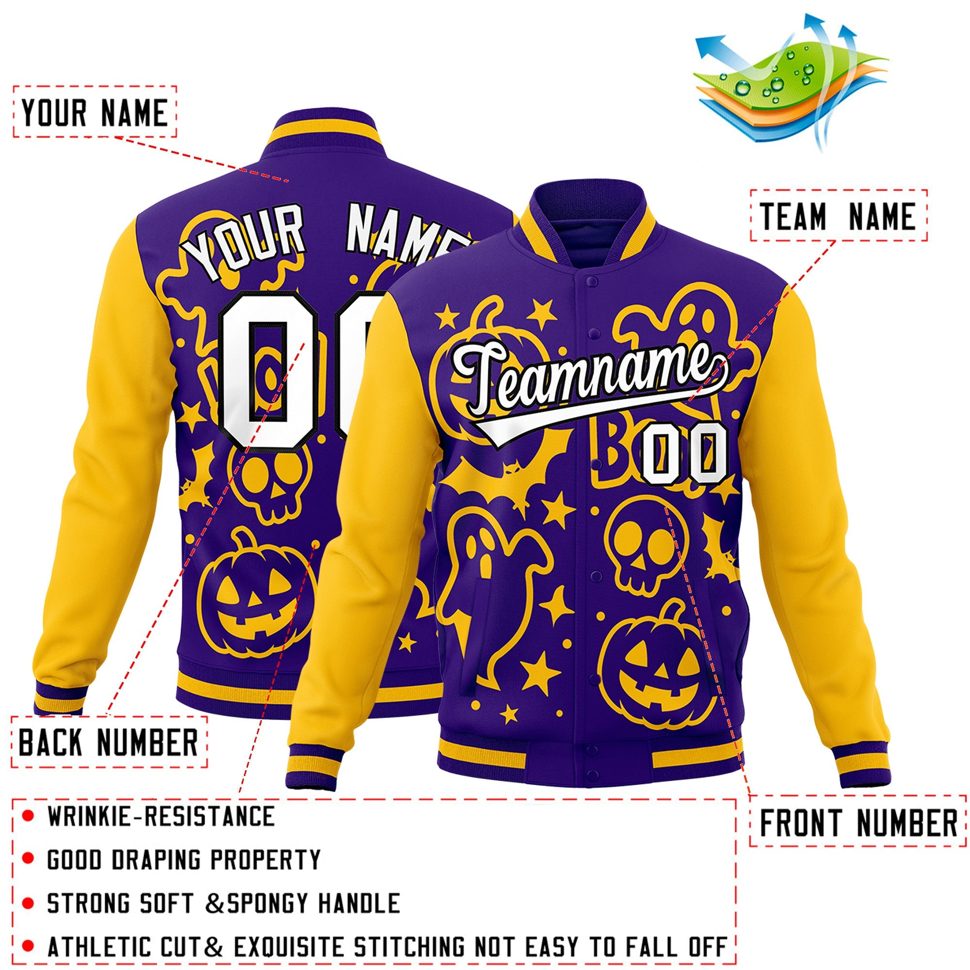 Custom Purple Gold White Bats Pumpkins Ghost Patterns Halloween Letterman Jacket| KXKSHOP