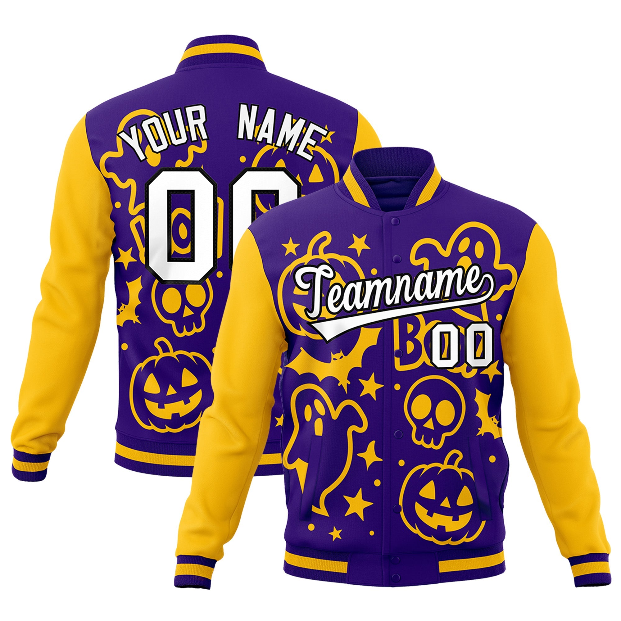Custom Purple Gold White Bats Pumpkins Ghost Patterns Halloween Letterman Jacket| KXKSHOP